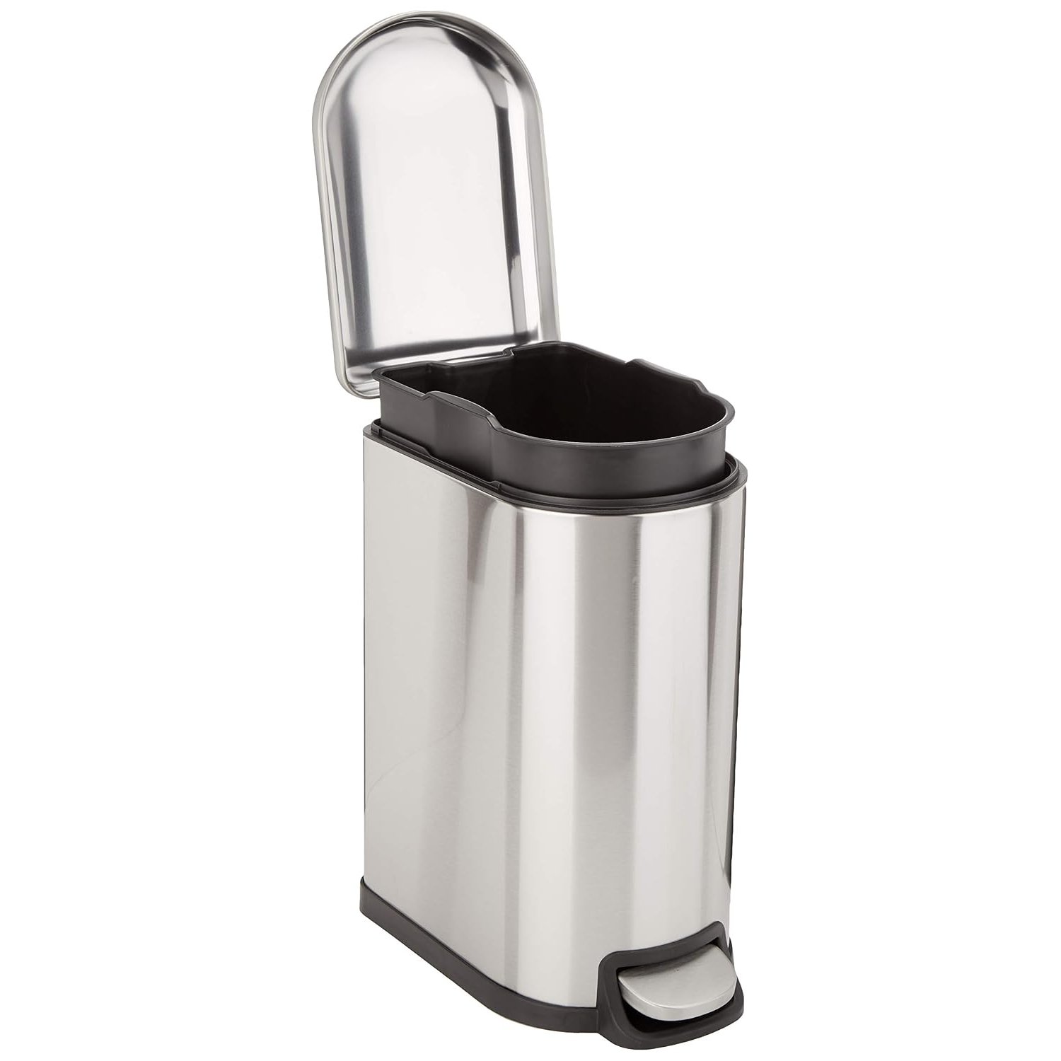 Amazon Basics Slim Bin for Narrow Space, Waste Bin with Soft-Close Foot Pedal, Smudge Resistant Brushed Stainless Steel, 10 L /2.6 gallons, for Bathroom, Bedroom, Kitchen or Office