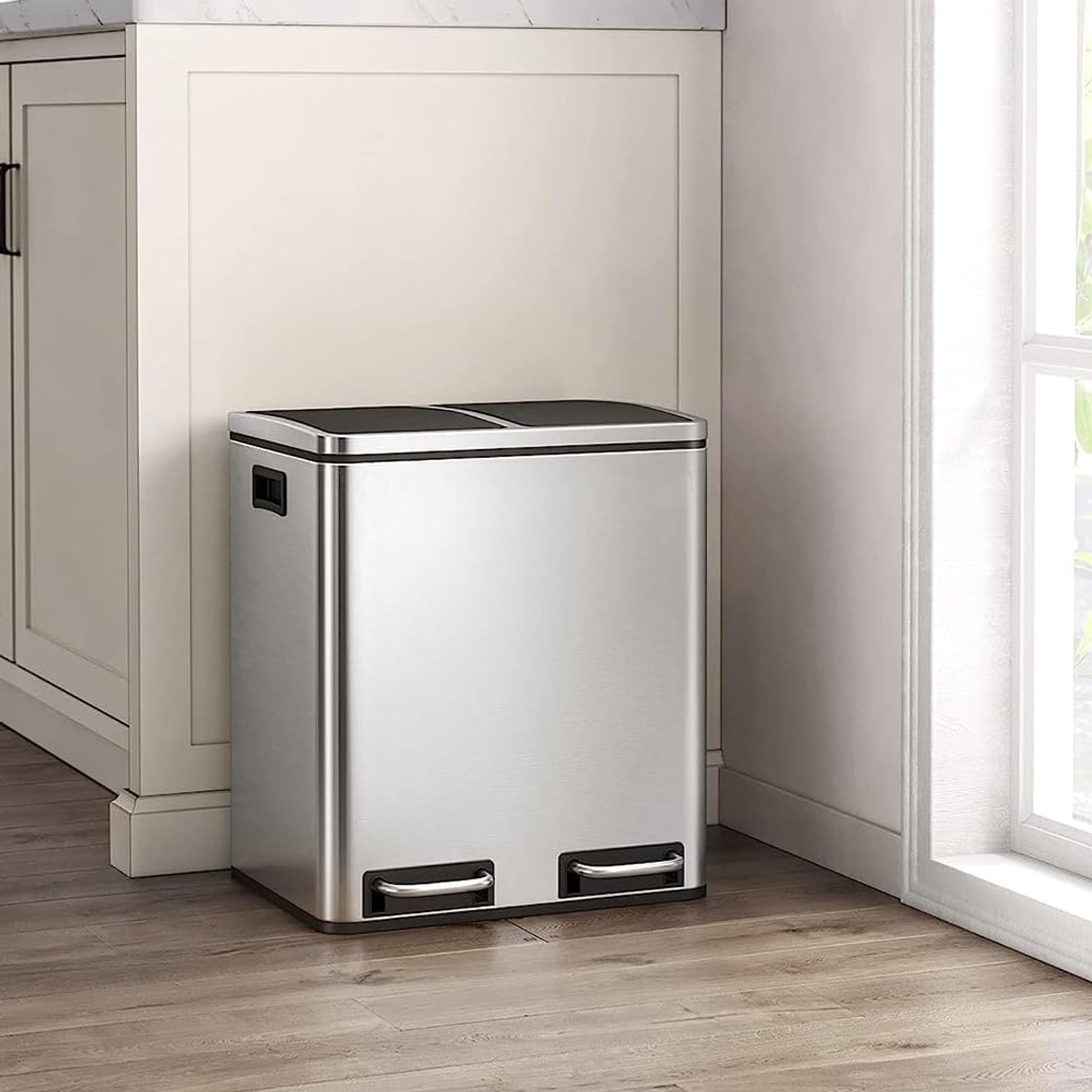 Panana Stainless SteelKitchen Waste System,Recycling Pedal Bin with Large Compartments,50L Rectangle Bin for Recycling and Waste with Pedal (Silver, 50L)
