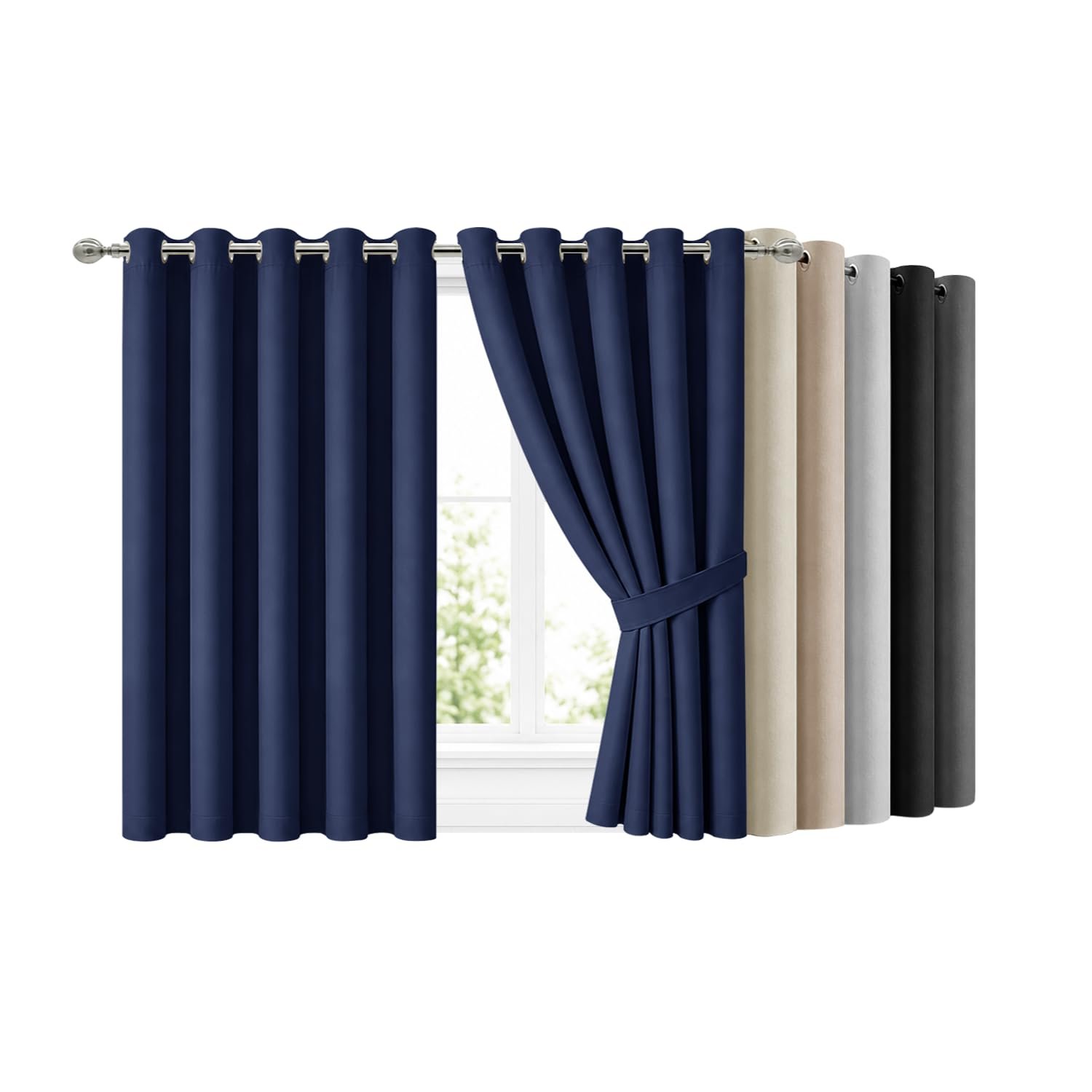 Hafaa Blackout Eyelet Curtains for Bedroom 66 X 54 Inch Navy Curtains for Living Room Noise Reducing Black out Curtain & Drapes 2 Panels with Tiebacks