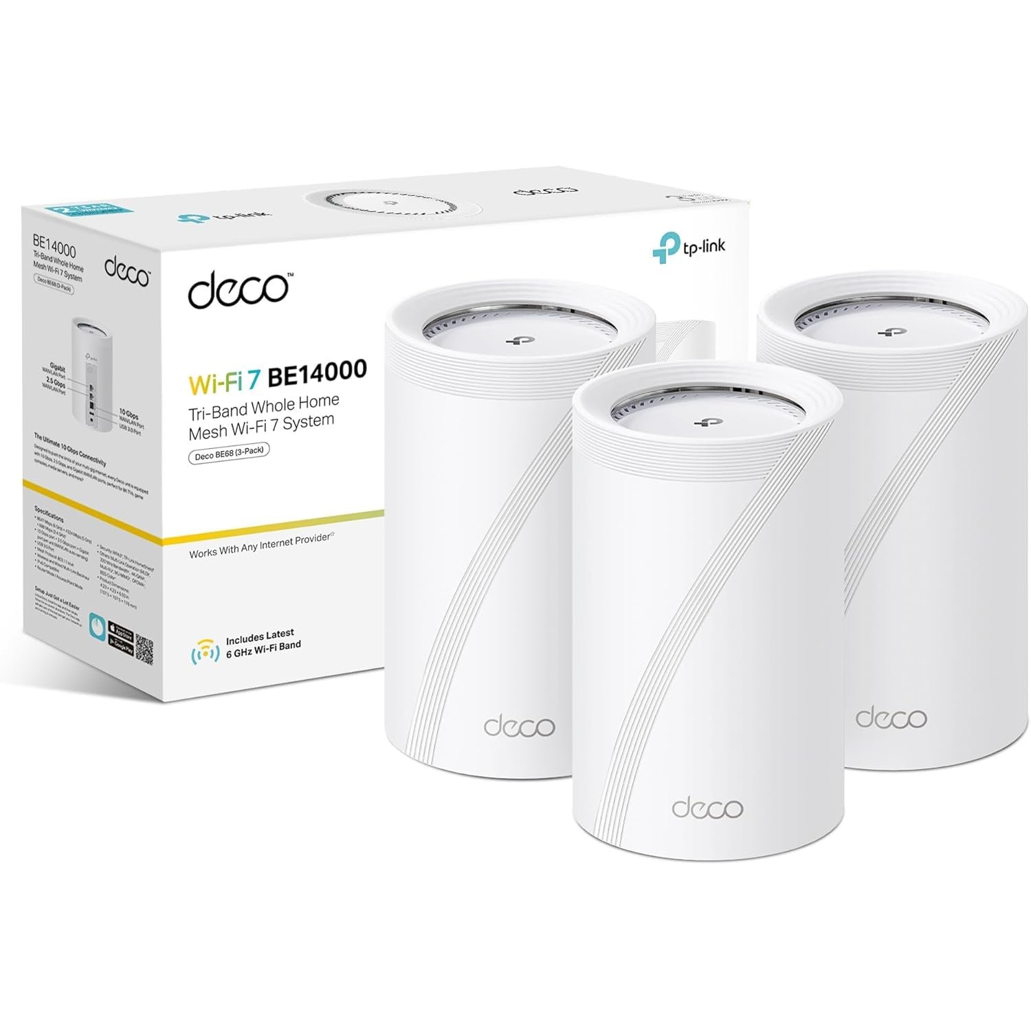 2026 New TP-Link Deco BE68(3-pack) BE14000Mbps Tri Band Mesh WiFi 7 System, 10 Gigabit Port, 8100 ft2 Whole Home Coverage, 200+ Devices Connection, Extender Booster, VPN, APP Setup, GoogleHome/Alexa
