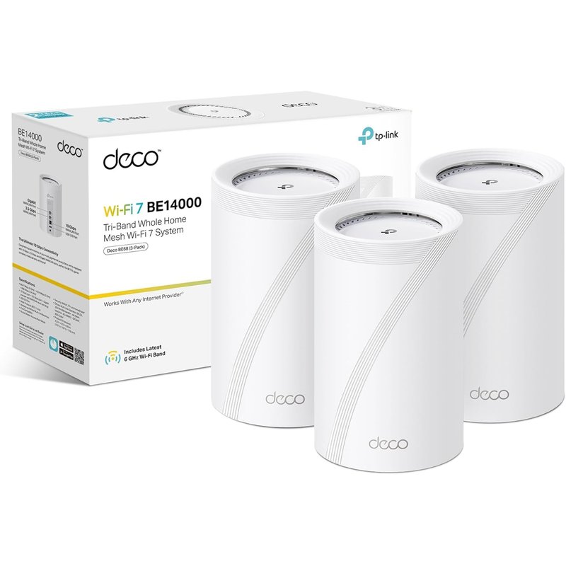 2026 New TP-Link Deco BE68(3-pack) BE14000Mbps Tri Band Mesh WiFi 7 System, 10 Gigabit Port, 8100 ft2 Whole Home Coverage, 200+ Devices Connection, Extender Booster, VPN, APP Setup, GoogleHome/Alexa