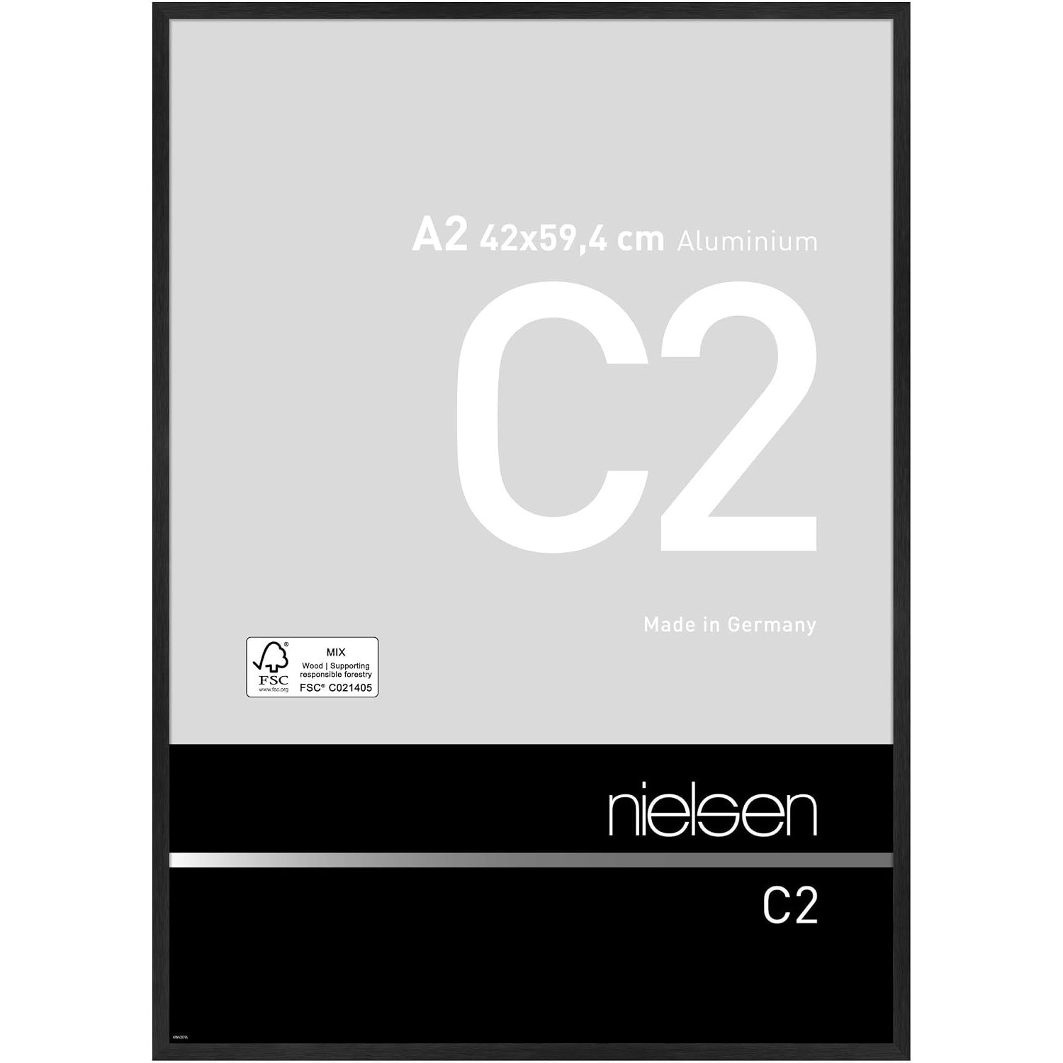 nielsen C2 Aluminium Picture Frame - Brushed Black A2, 42x59.4cm - with Float Glass and Easy Push-Turn Clips