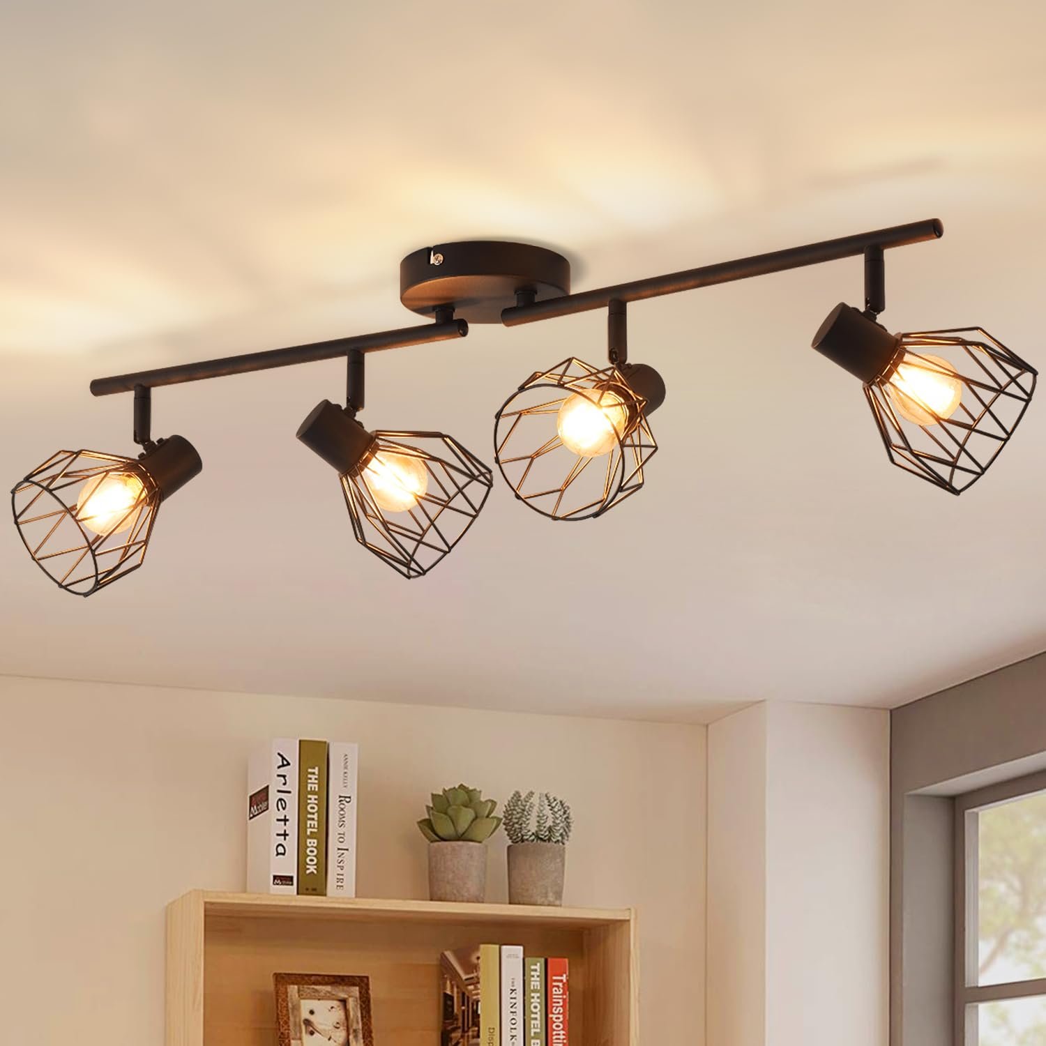 ANWIO Kitchen Lights Ceiling,4 Way Black Lounge Industrial Wall Lights-Adjustable SpotLights Ceiling Lights Wire Cage with E14 Base, Light Fittings Ceilings for Kitchen Living Room(NO Bulbs)