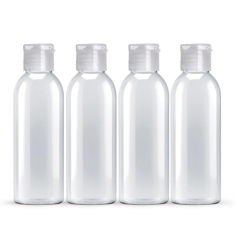 Palm Safe 4 pcs 100ml/3.5 OZ Clear Plastic Travel Bottles, Durable Strong Recyclable BPA Free Storage Bottles, Empty Refillable Containers with Flip Cap Leak Proof for Toiletries