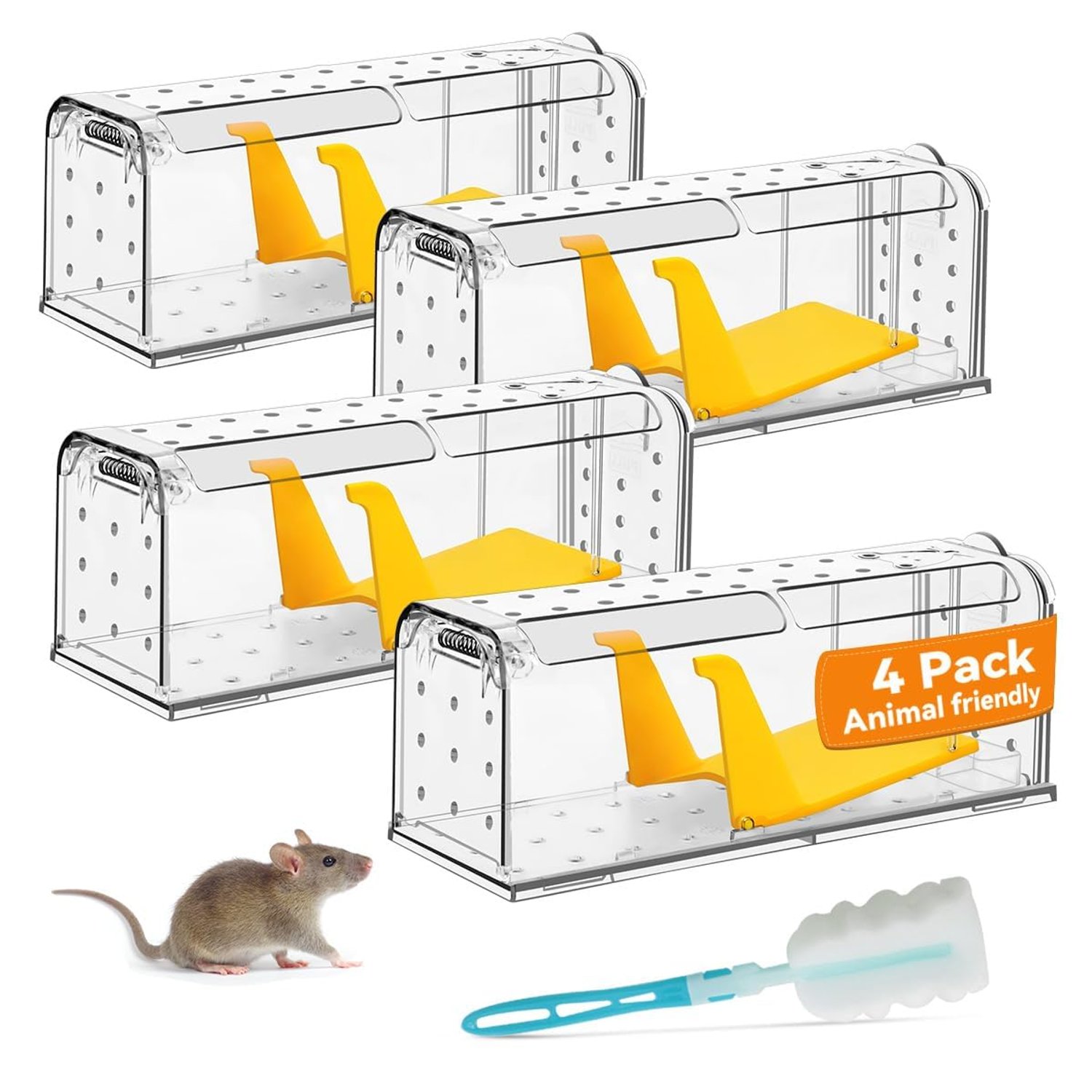KENNEAS Humane Mouse Traps for Indoor Outdoor, Washable Cleaning Brush Included, Reusable Live Catch and Release, Field Mouse Catchers, Pets & Children Friendly, No Glue, Electric & Kill (4 Pack)