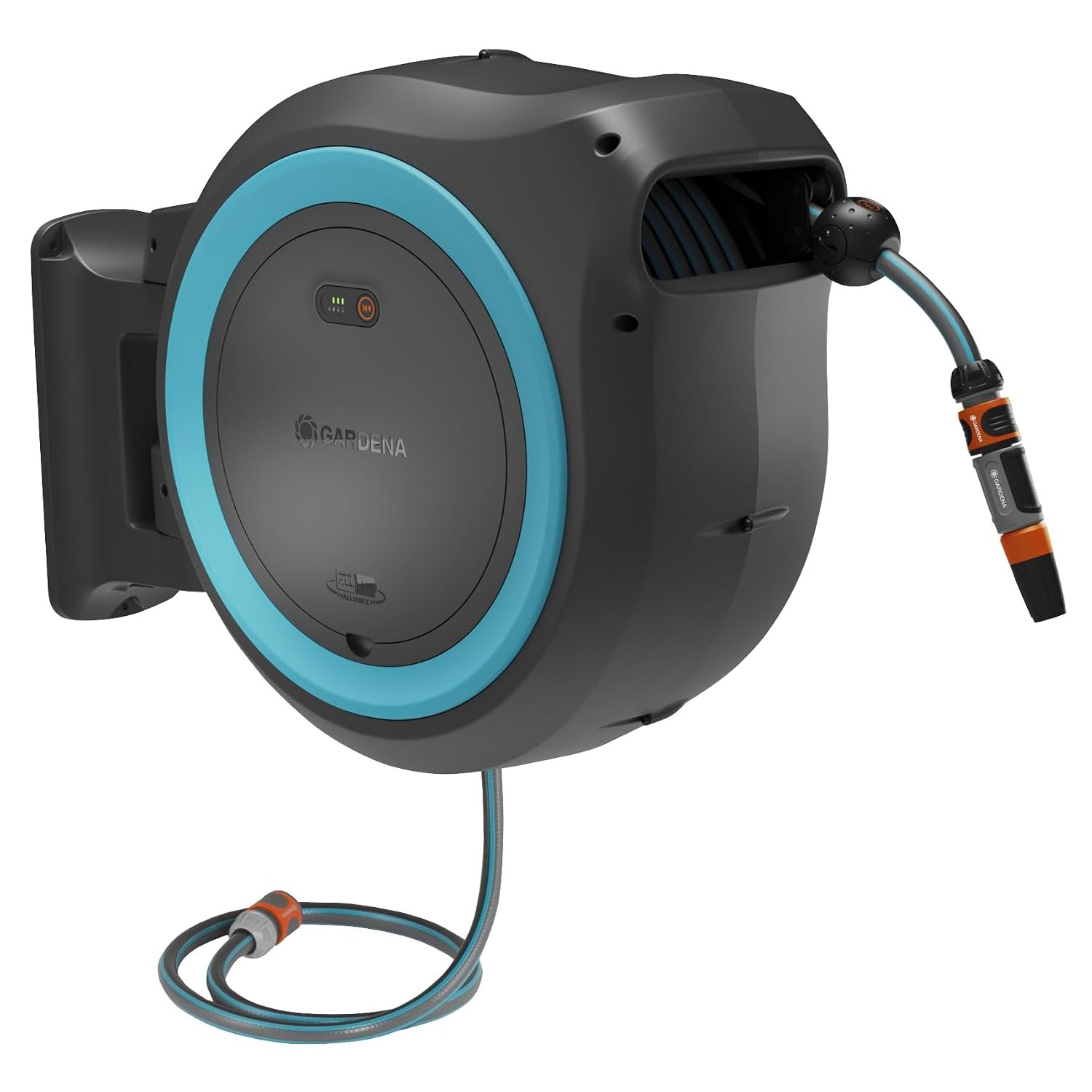 Gardena Battery-Powered wall-Mounted Hose Box PowerRoll XXL Solo: Reel with 40m Garden Hose and Automatic roll-up, Hose Guide and RollControl. Battery-Powered. UV and Frost-Resistant (18645-55)