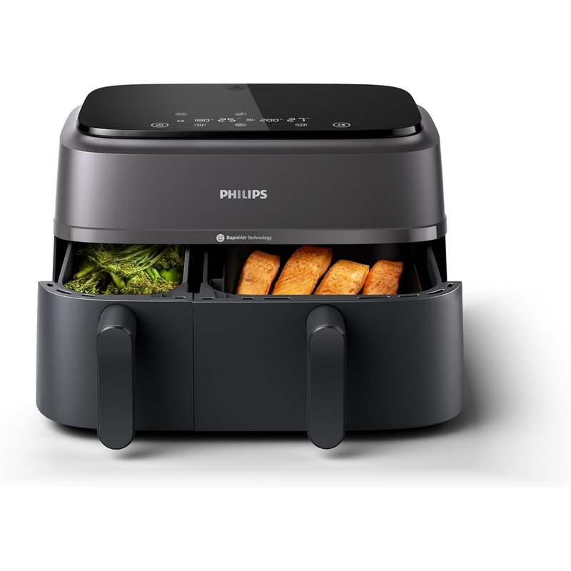 Philips Airfryer 3000 Series Dual Basket - 2 Drawer Air Fryer, 3L + 6L Capacity, RapidAir Plus Technology, 13 Ways to Cook, 90% Less Fat, Easy to Clean, Digital Touchscreen, Energy Saving (NA350/00)