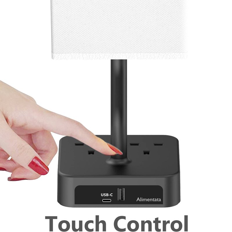 Alimentata Bedside Table Lamp, Touch Control Nightstand Bedroom Lamp with USB C & USB A Charging Ports, 2 Way Outlets, Minimalist White Fabric LED Desk Night Light for Living Room Office