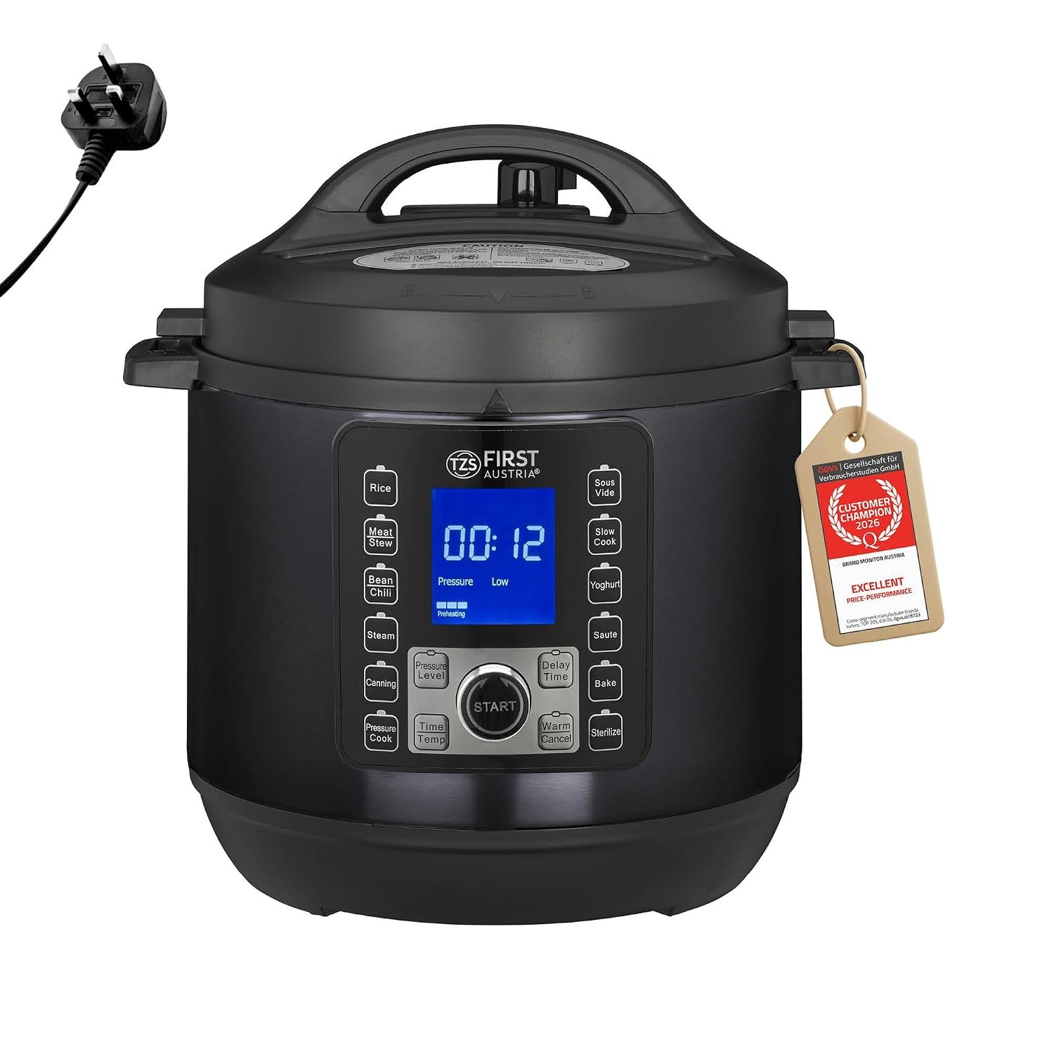 TZS First Austria - Electric Pressure Cooker 6L - 12 auto programmes - Multipurpose Multicooker 1000W as pressurised Ricecooker, Steamer, Crock Pot etc. - Electric Multivarka incl. Recipe Booklet