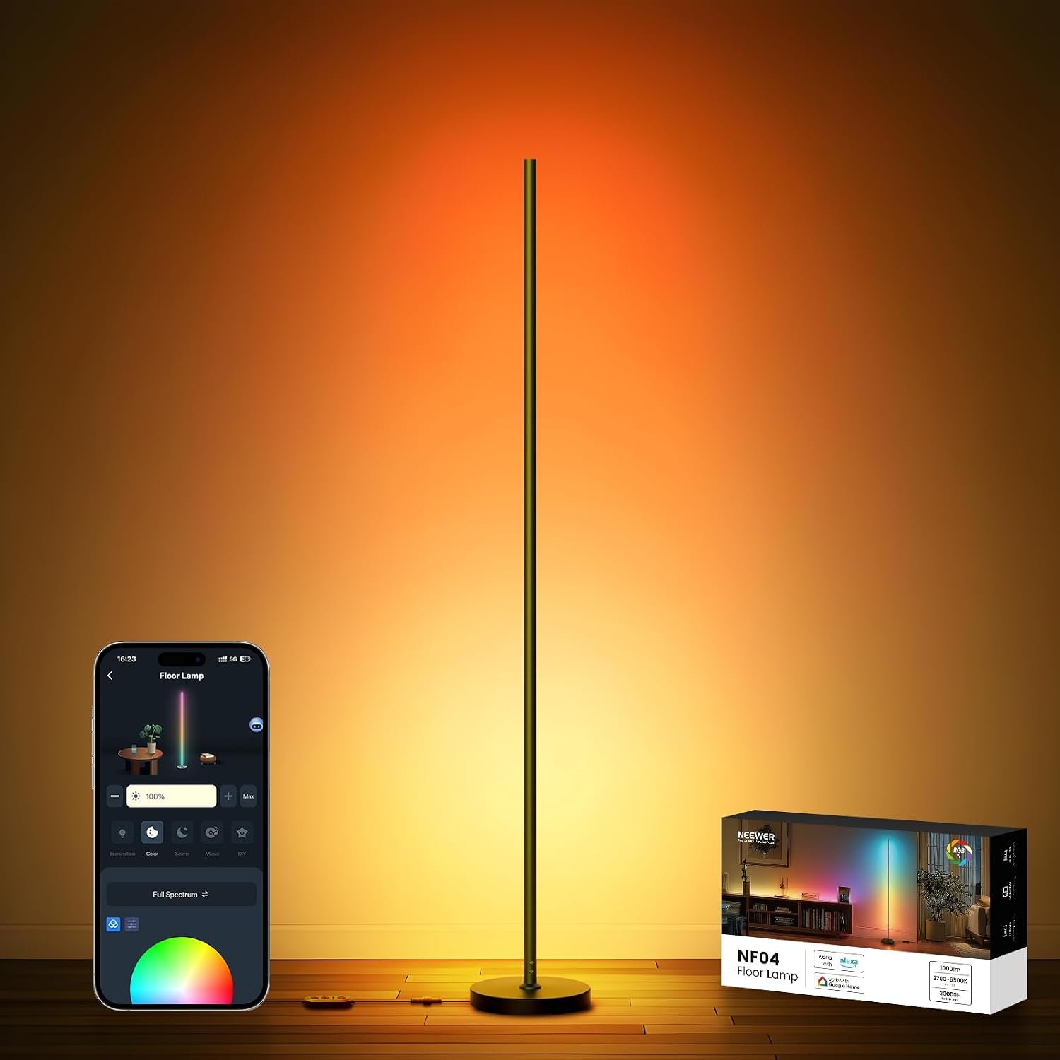 NEEWER NF04 Smart LED Floor Lamp, 1000lm RGBW Standing Corner Light, Compatible with Google Assistant Alexa, APP/AI Design/Music Sync/16 Million Color Ambient Lighting, Living Room Bedroom Home Decor