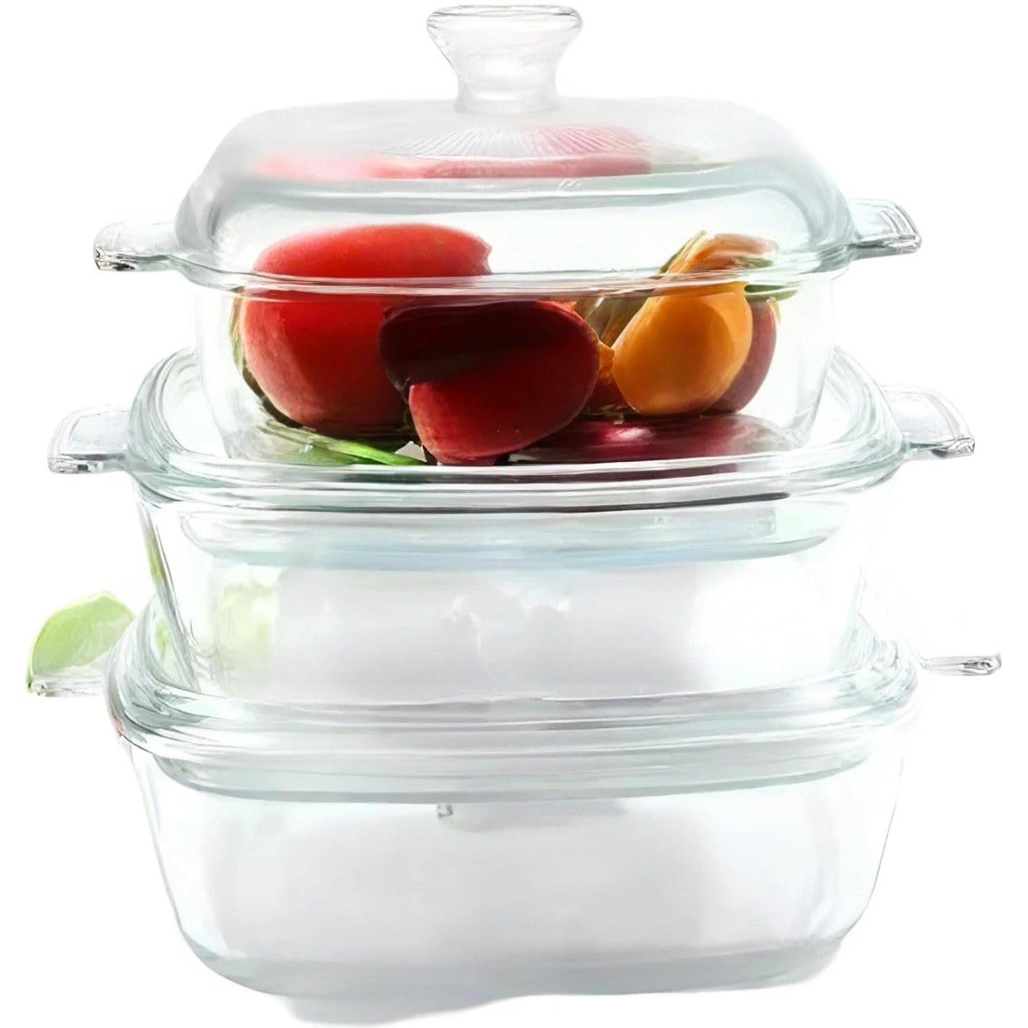 Housetronics 3 PCS Square Clear Glass Casserole Oven Dishes With Lid Oven Proof Microwave Freezer Safe With Handles (0.8/1.2/1.5 Ltr)