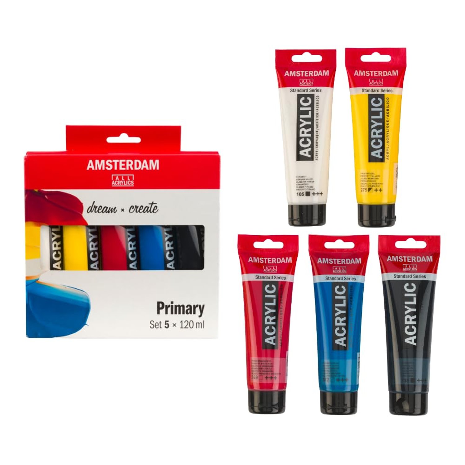 Amsterdam Standard Series Acrylic Paint Set | Color Theory Mixing Set (5 x 120 ml Tubes) | Primary Colors + Black & White