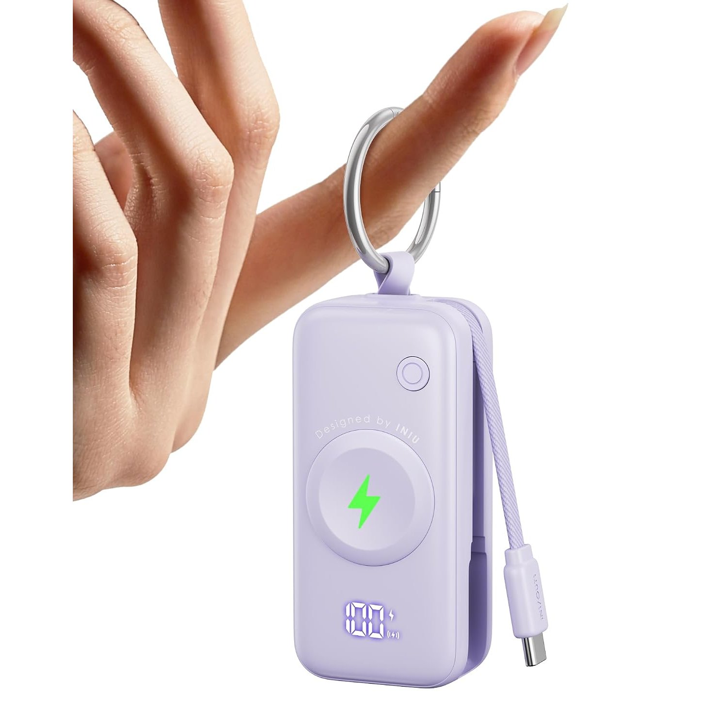 INIU Power Bank for Apple Watch, 5000mAh Wireless Portable Charger Powerbank with Built-in Cable, Slim Travel Keychain Battery Pack with LCD Display for iWatch 10/9/8/Ultra2/Ultra/SE, iPhone 16 Purple