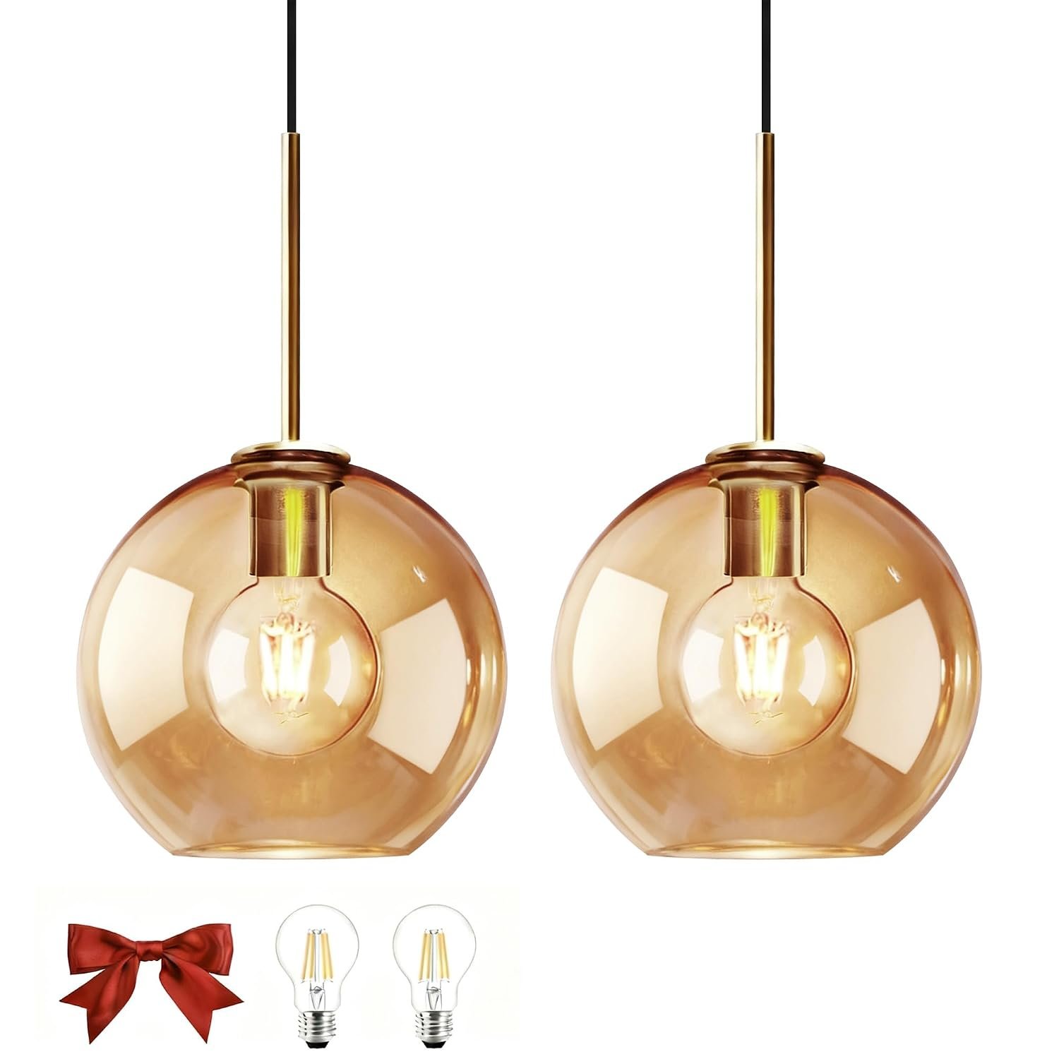 Bravsekai Amber Glass Pendant Lights Kitchen Island Lighting Globe Pendant Light Fixtures Modern Pendant Lighting for Kitchen Island Bedroom Living Dining Room Light Fixture(20cm, 2-Pack)