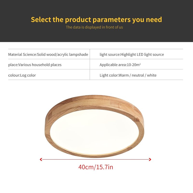 Schindora Wooden LED Ceiling Light,28W Warm White 3000K 2240 LM,Round Wood Ceiling Lights Ø40cm for Lounge Living Room Kitchen Dining Room Home Office Children's Room