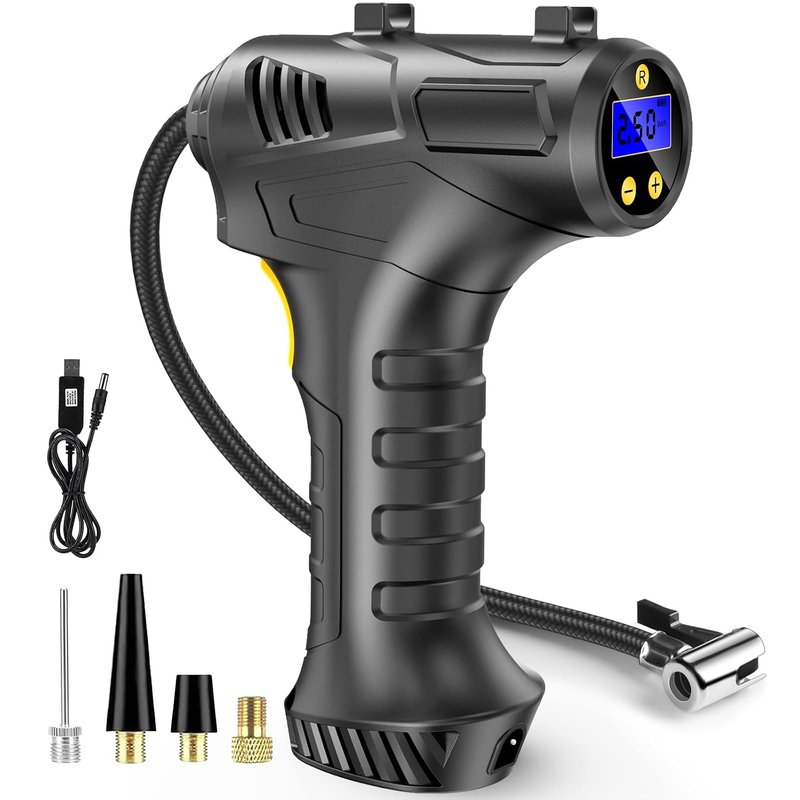 Car Tyre Inflator Air Compressor, 12V USB Rechargeable Battery Cordless Tyre Inflator, 150PSI Portable Car Tyre Pump, Digital Tyre Pump with LED Light and 3 Nozzle Adaptors for Car Motorcycle Bicycle