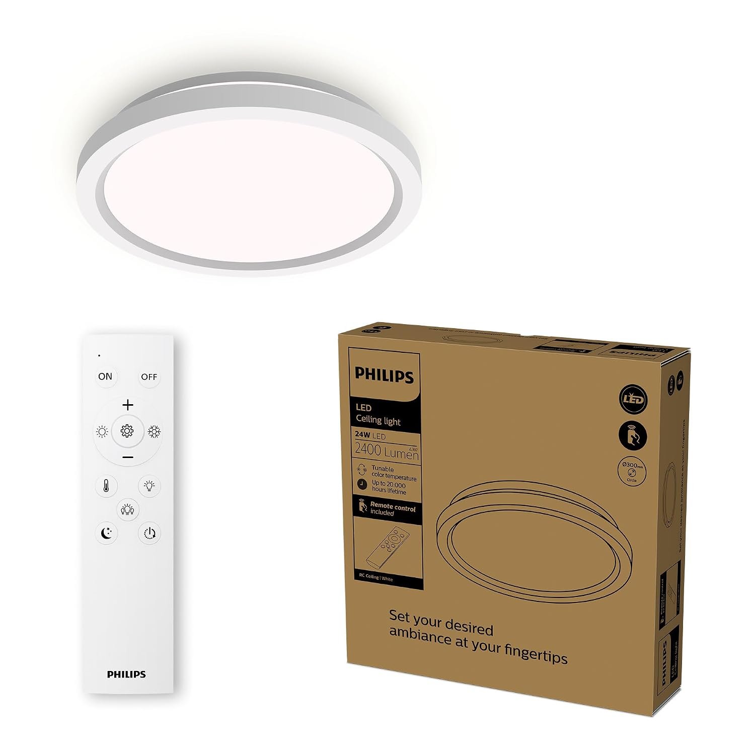 Philips LED Remote Control Ceiling Light, Round, 30 cm, Dimmable, Tunable White Light, Living Room, Bedroom, No Flicker or Glare, Modern Design, White