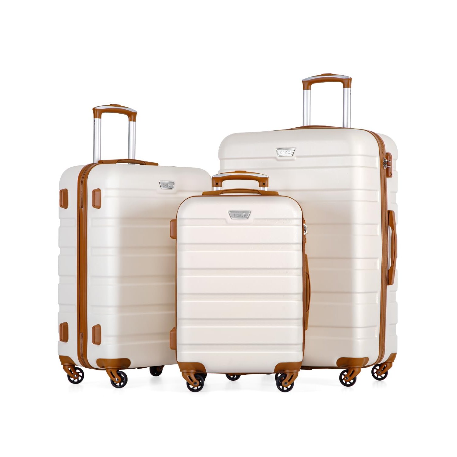 COOLIFE 3 Piece Luggage Set for Family Travel, Overseas Travel, ABS+PC, Lightweight Durable Suitcase with 360°Rubber Spinner Wheels, YKK Zipper, Telescopic Handle, TSA Lock, White/Brown