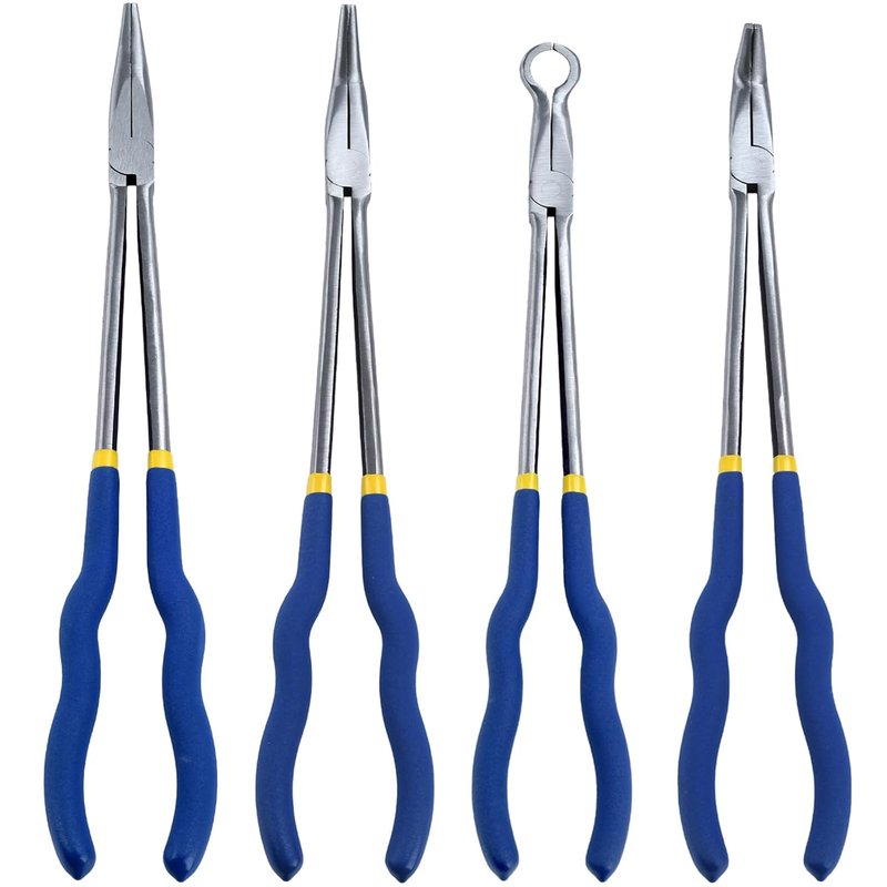 Professional Long Reach Pliers Set 16 Inch Multi Purpose Long Nose Pliers with Straight, 25°/45°/90° Bent Head & O-Shape Tips, Durable Steel Construction for Automotive, Electrical, Plumbing(4PCS B)