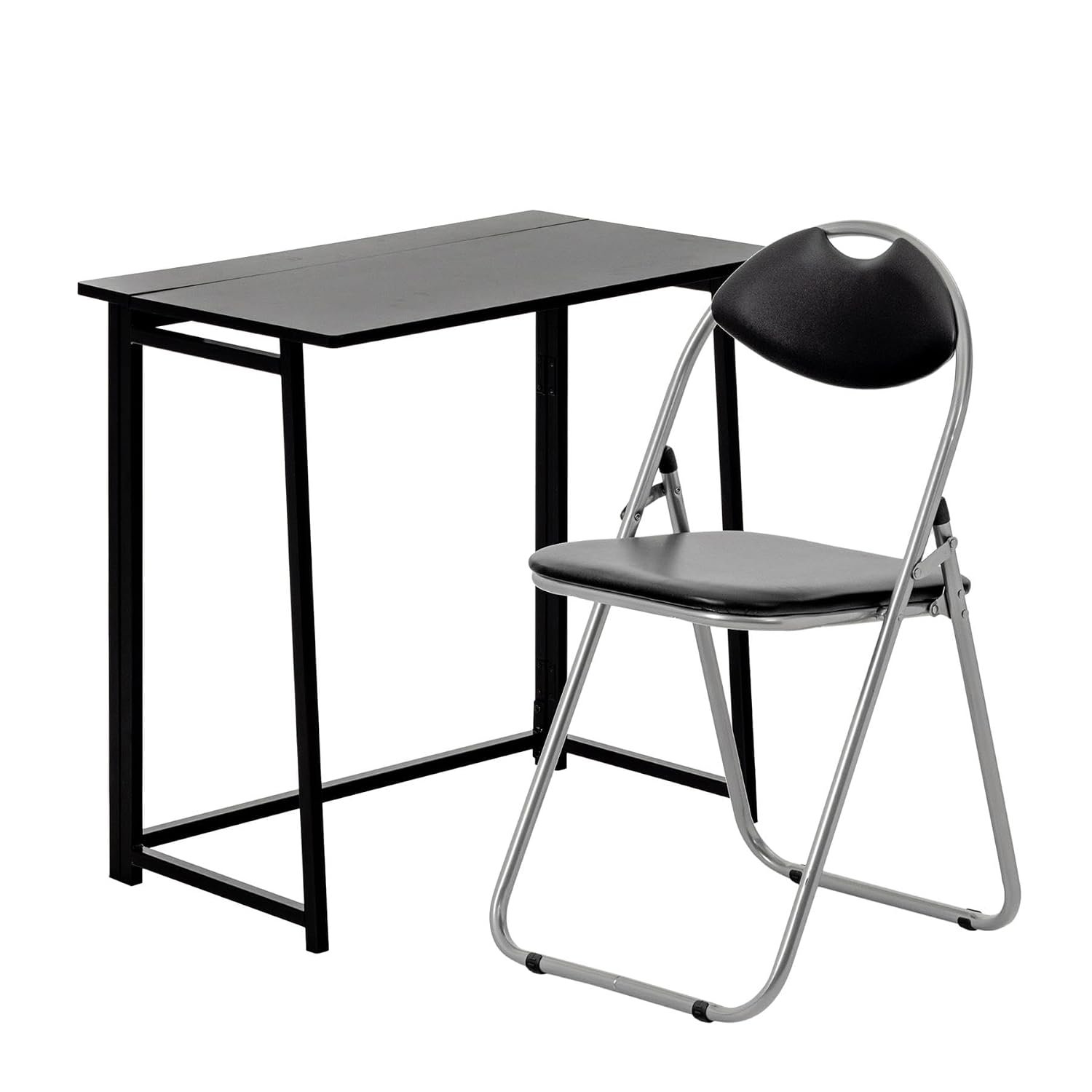Harbour Housewares Deluxe Folding Wooden Desk & Chair Set - Black/Black Small Portable Home Office Foldable Desk and Chair Set Workstation for PC, Laptop Study