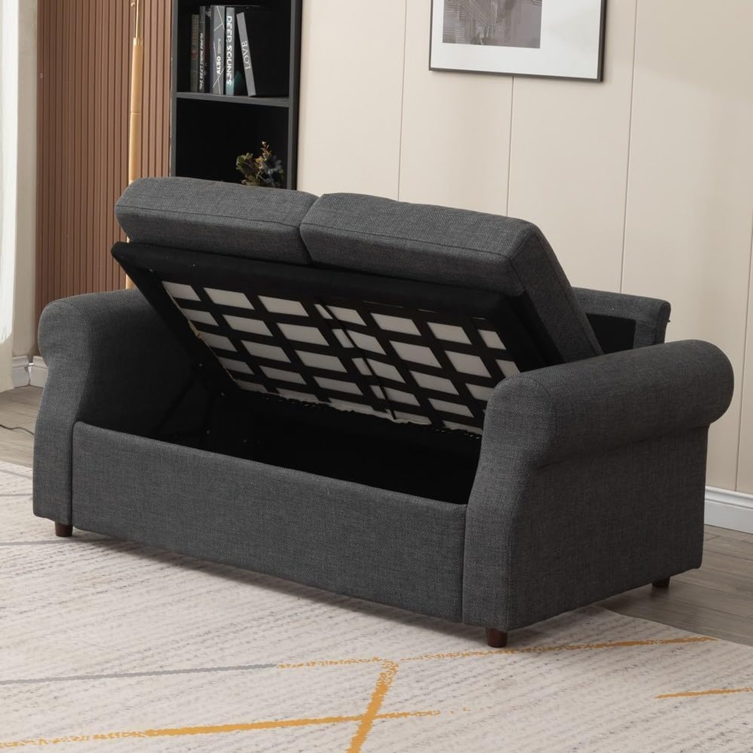 Panana Modern 3 Seater Couch Seette, Linen Fabric Grey Sofa with Under Storage Compartment for Small Apartment 180 x 80 x 80cm (Dark Grey, Scroll Arm)