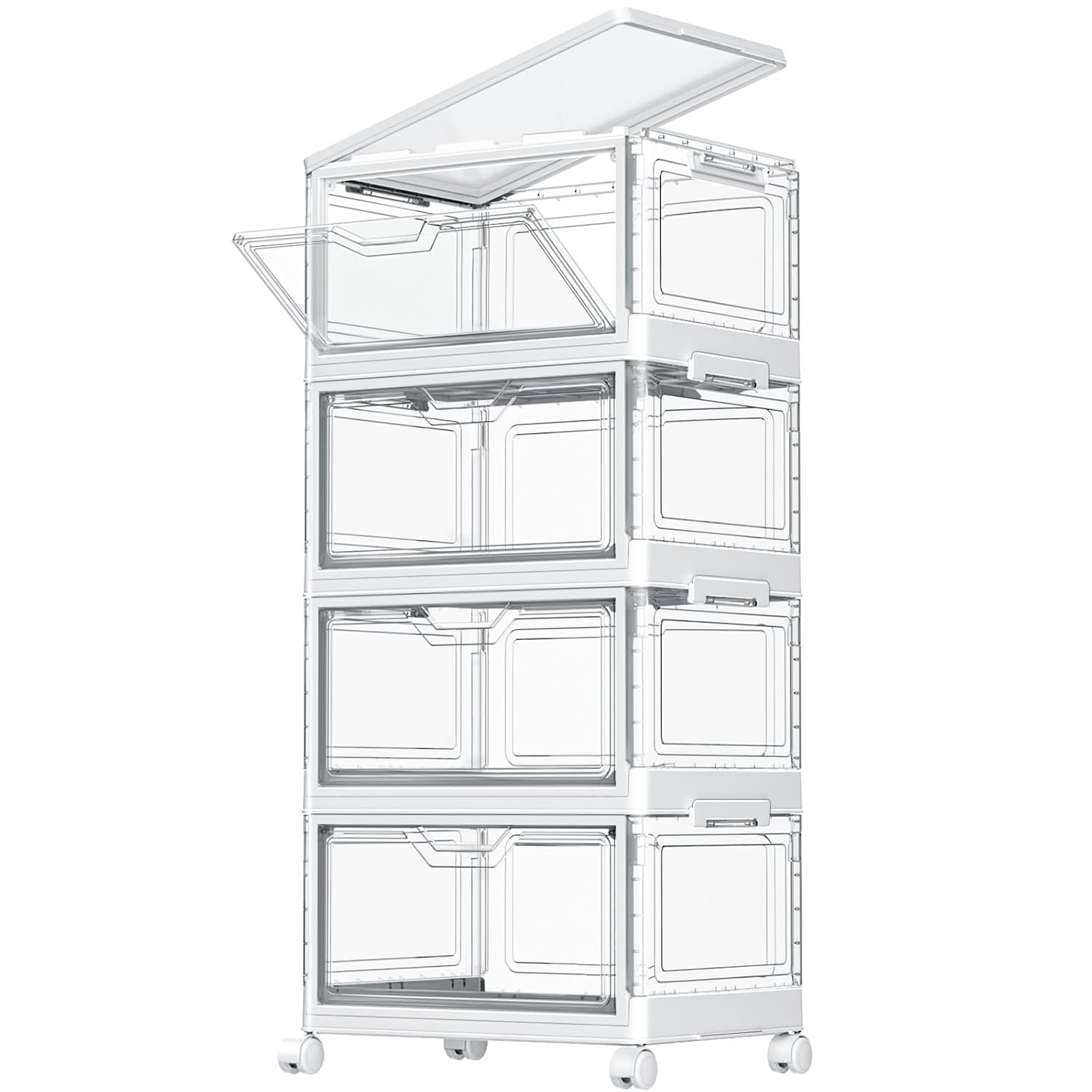 TidyTrove Storage Boxes with Lid - 23L*4 Plastic Storage Box with Front Door, 4 Tier Stackable Boxes, Plastic Drawers, Large Storage Box with Lid for Kitchen Storage & Organisation