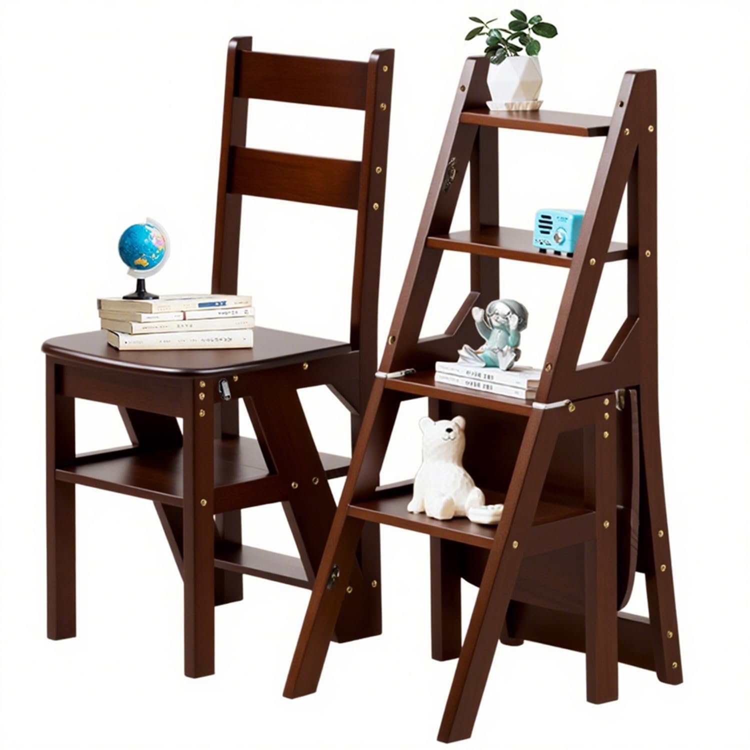 Solid Wood 3-in-1 Folding Ladder Chair, Convertible Step Stool & Display Rack, 4-Tier Multi-Functional Ladder, Dual Purpose for Home, Kitchen, Library, 150 kg Capacity (Walnut Color, 35 x 46 cm)