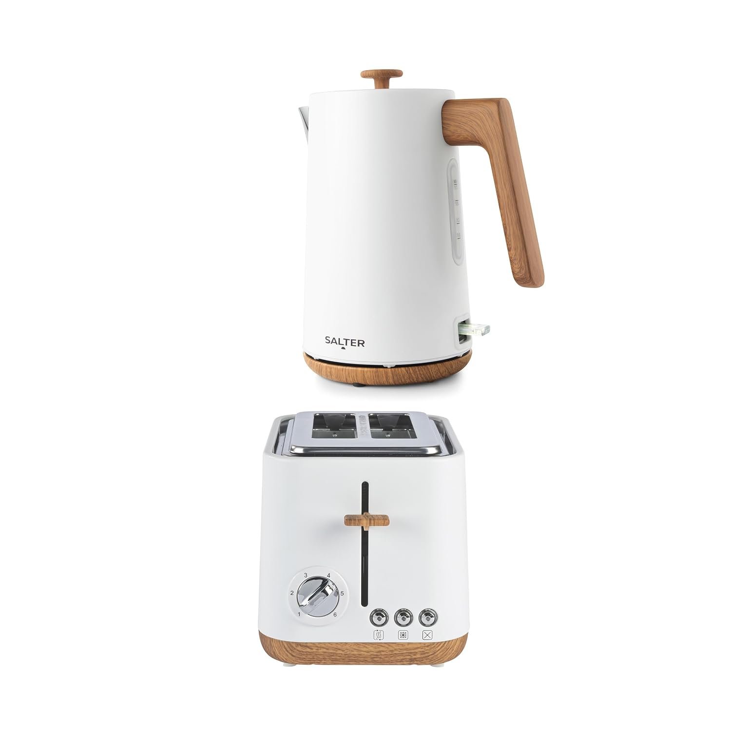 Salter Toronto Kettle & 2-Slice Toaster Set - 1.7L 3KW Rapid Boil Cordless Kettle with Boil Dry Protection, 815W Wide Slot Toaster with 6 Browning Levels & Defrost/Reheat/Cancel, Matte White