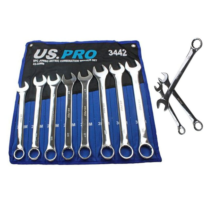 US PRO Jumbo Spanners 8pc Long Reach Combination Wrench Spanner Set 22mm - 32mm