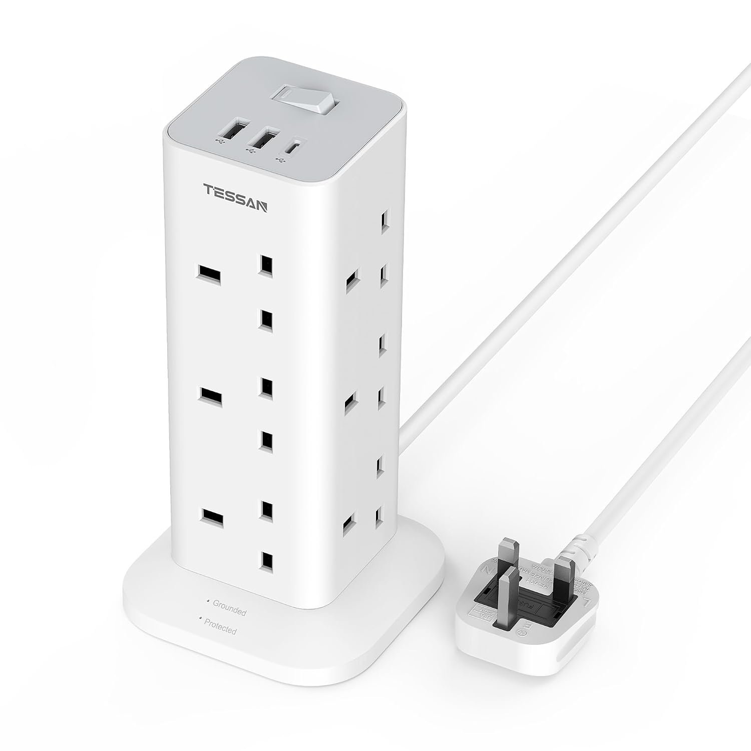 TESSAN Tower Extension Lead with USB C Slots, 12 Way Multi Plug Adaptor with Switch, Surge Protected Power Strip with 2M Cable (13A 3250W) for Home, Office, Kitchen, School Supplies