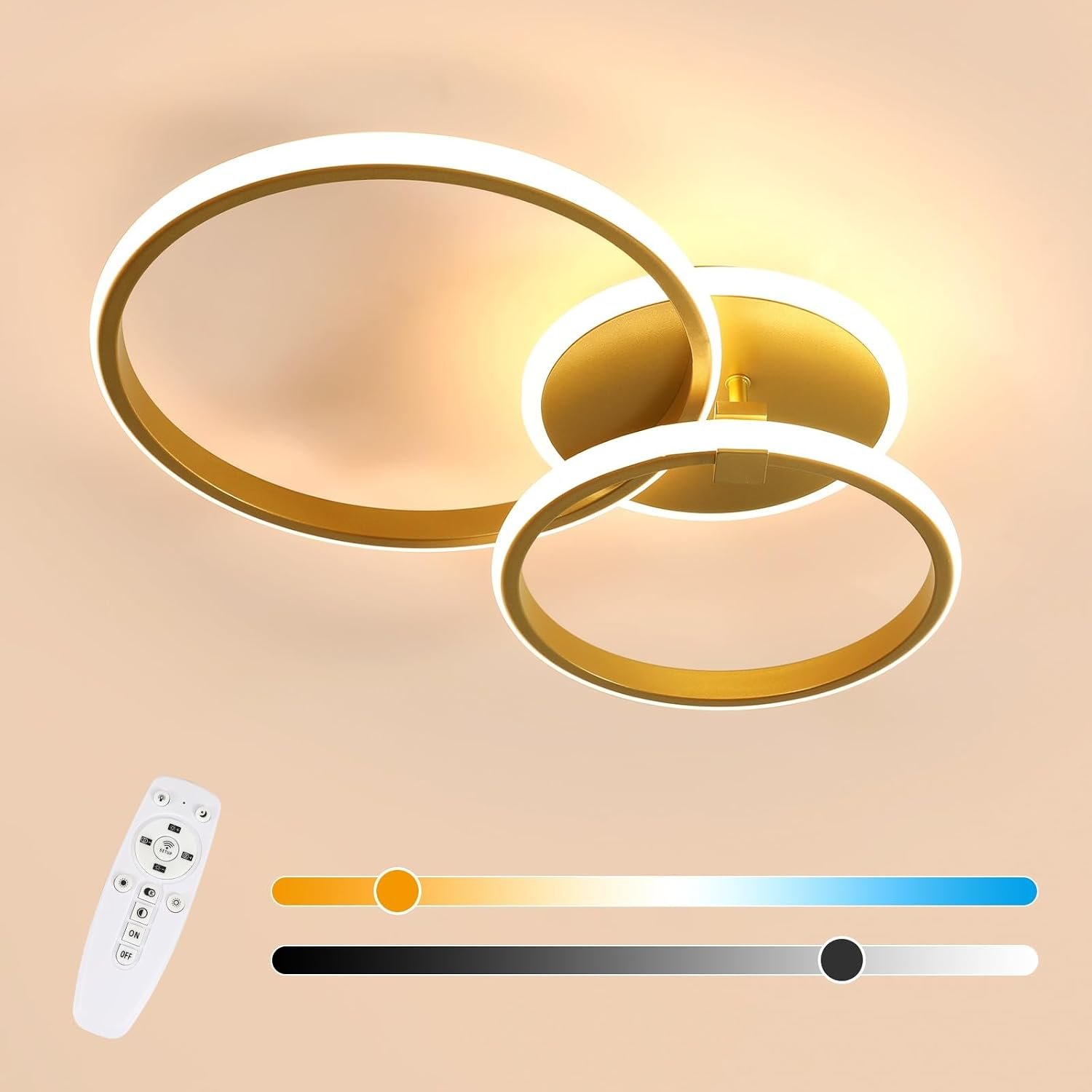 Comely LED Ceiling Light Modern, Gold Round Chandelier Ceiling Lights, LED Ceiling Lamp Dimmable with Remote Control for Living Room Bedroom Dining Room Office, 42W, 3000K-6500K