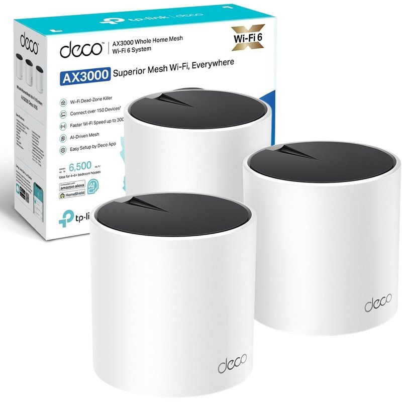 TP-Link Deco X55(3-pack) AX3000Mbps Whole Home Mesh WiFi 6 System, AI-Driven Seamless Mesh, Coverage 6,500 ft2, 150 Devices Connection, WiFi Router, Extender Booster, Easy Setup, Alexa&Google Home