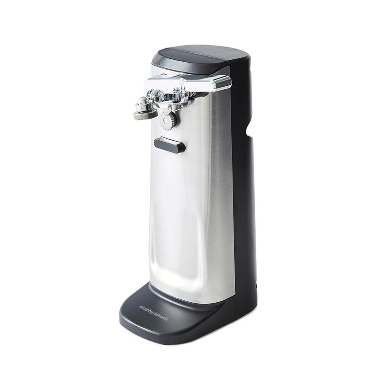 Morphy Richards 3-in-1 Electric Tin Can Opener, Knife Sharpener and Bottle Cap Remover, Magnetic Lid Holder, Hands Free, Safe Cleaning, Automatic Start and Stop, Cord Storage, Stainless Steel, 432030
