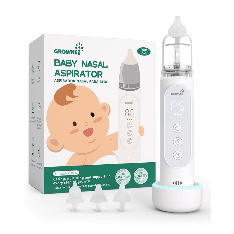 GROWNSY Nasal Aspirator for Baby, IPX7 Waterproof Electric Nose Sucker with Auto Cleaning, 5 Suction Levels, Elephant Silicone Tip, Wireless Charging Dock, Music & Night Light for Newborns
