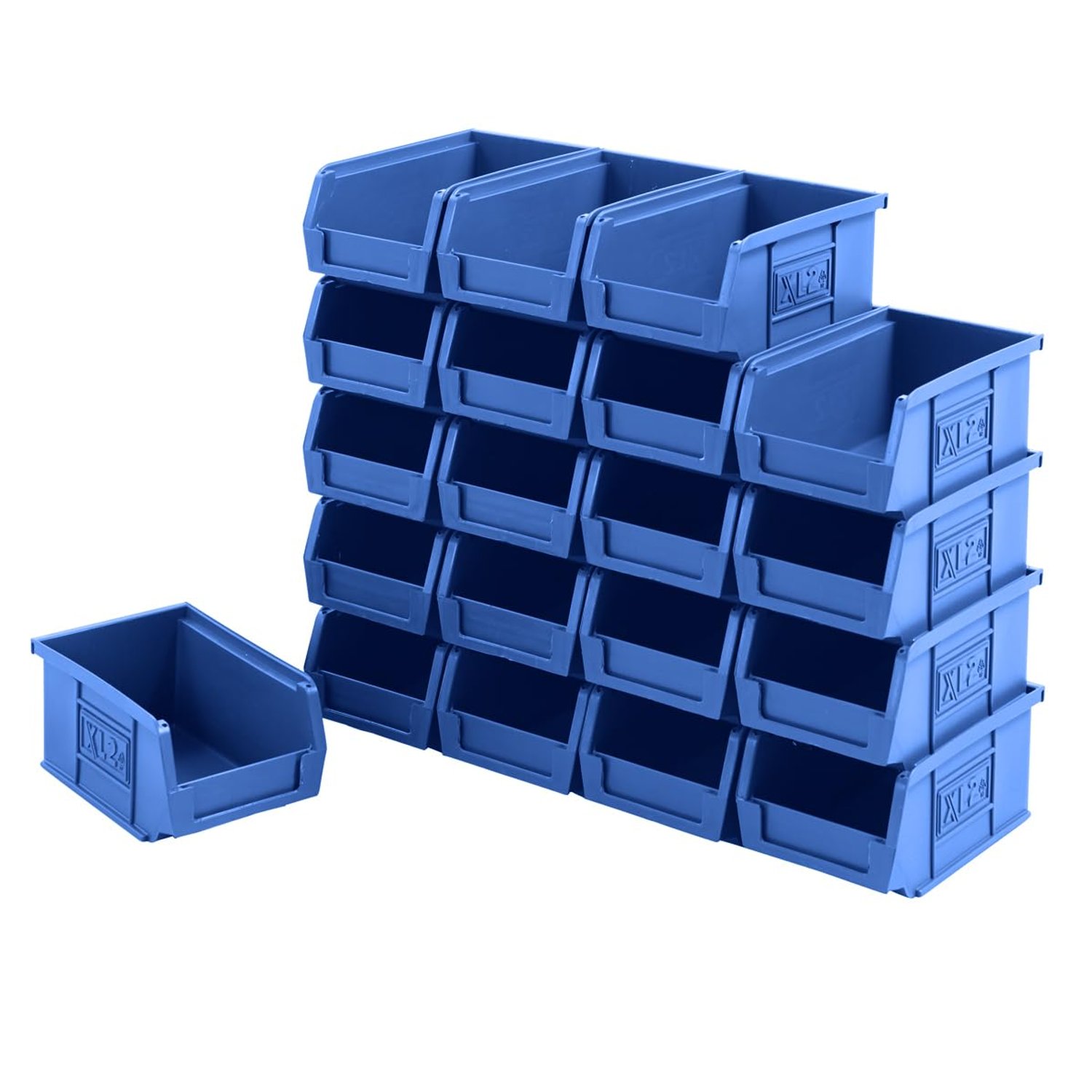 BiGDUG Plastic Parts Bins - Stackable or Wall Mounted Storage Boxes Garage Organiser - Pack of 20 - 75H x 100W x 165D mm - Blue