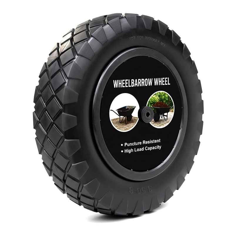 Crystals 14" Wheelbarrow Wheel Puncture Proof 3.50-4.00/8 Heavy Duty Solid PU Rubber Tyre Replacement with Plastic Rim for Wheelbarrows, Garden Trolley, Truck - Black