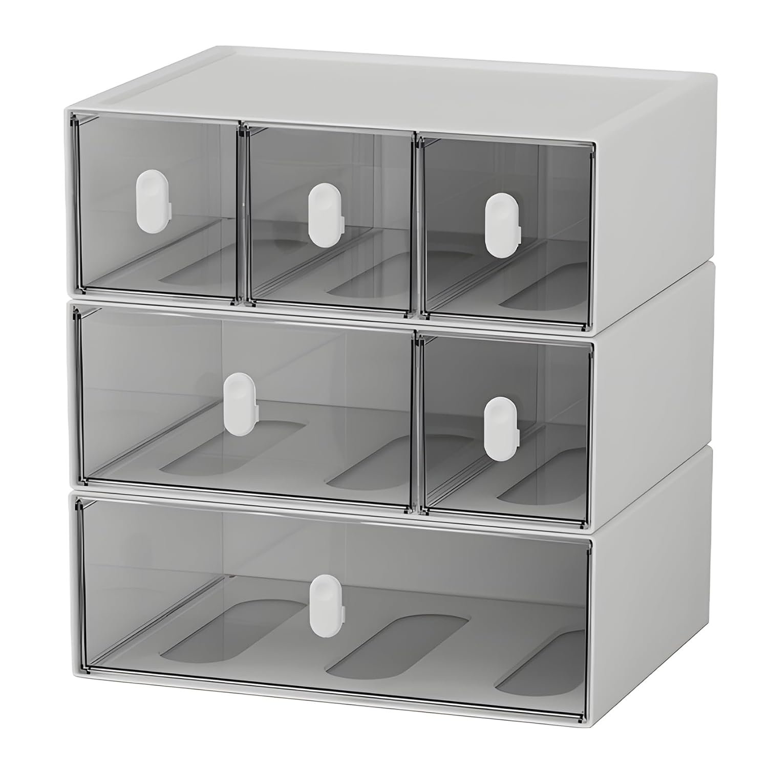 OSteed Desktop Storage Drawers, Plastic Desk Organizer with 6 Drawers, Modular Stackable Toolbox Units for Office Stationary, Makeup Container, Bathroom Countertop (3 Tiers, White & Clear)