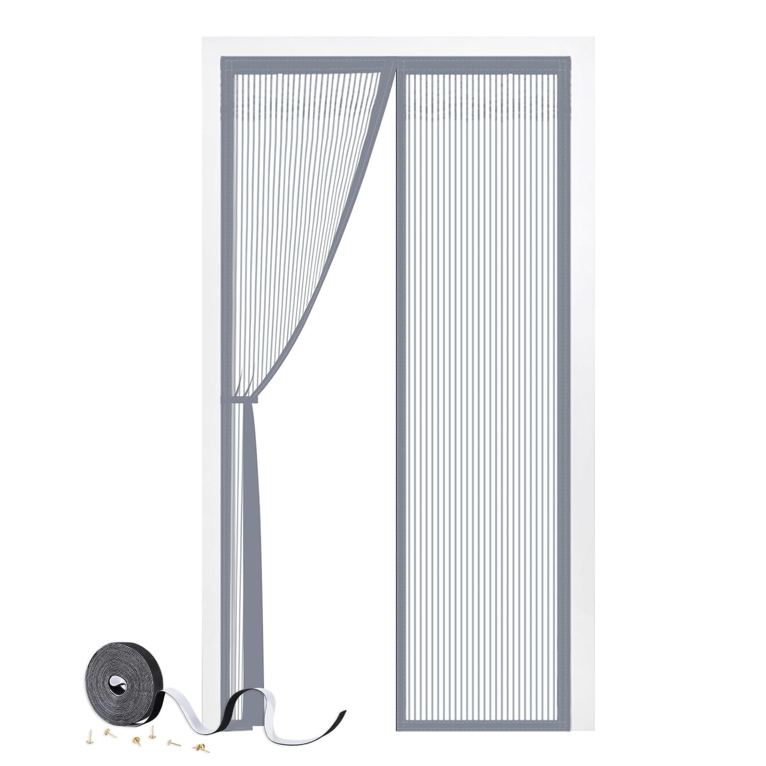 Magnetic Door Screen, SMALUCK Heavy Duty Fly Door Screen Mesh with Powerful Magnets, Durable Mesh Curtains Keeps Bugs Out, Frame Hook & Loop, Kid and Pet Friendly (80 x 200 cm, Grey)