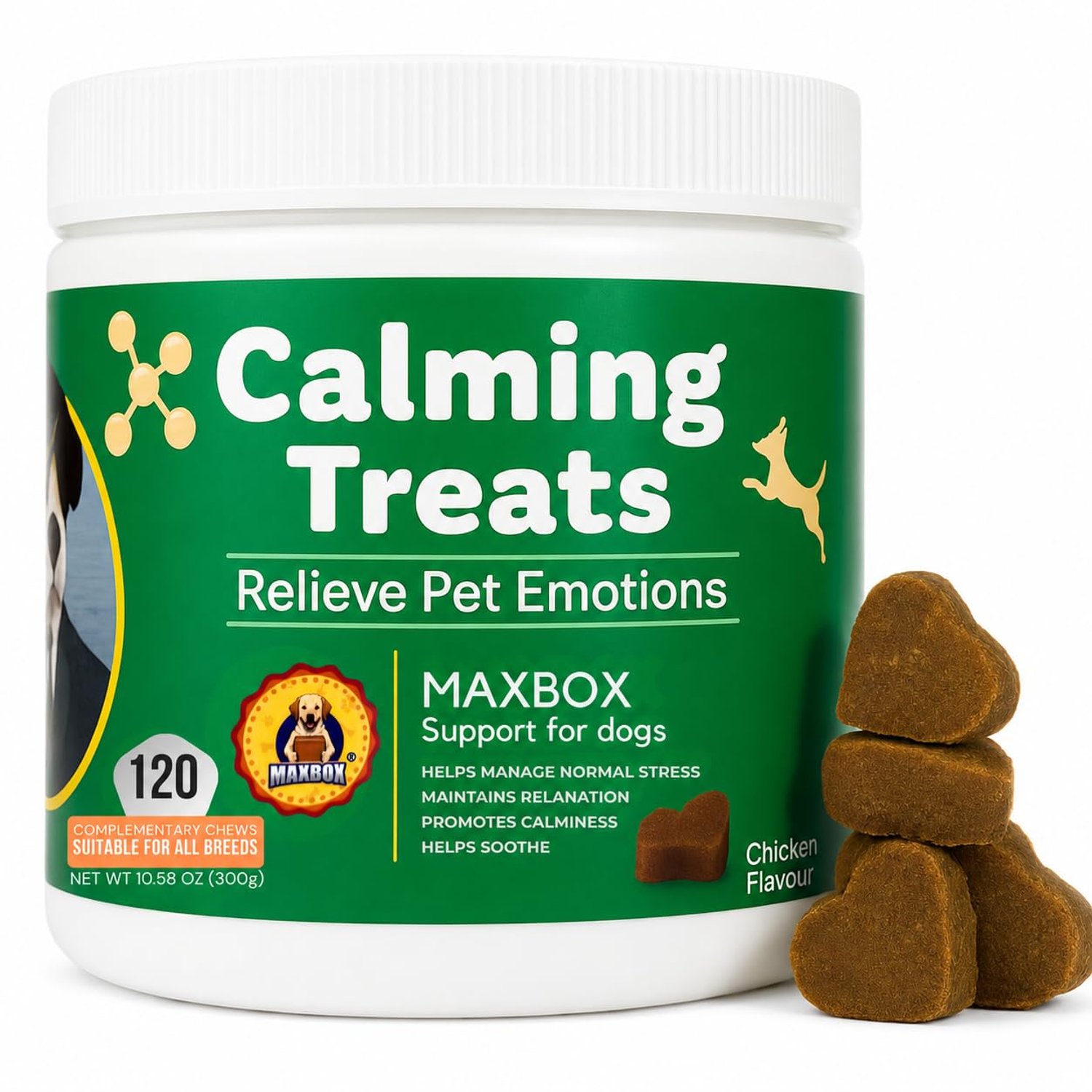 MAXBOX Calming Dog Treats, 100% Natural Soft Chews Reduce Stress, Reduce Stress, Fear, Separation, Barking, Hyperactivity, Reactivity, Aggression, Travel-120 chews