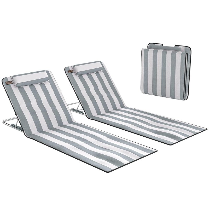 Outsunny Set of 2 Foldable Garden Beach Chair Mat Lightweight Outdoor Sun Lounger Seats Adjustable Back Metal Frame PE Fabric Head Pillow w/Carry Bag, Light Grey