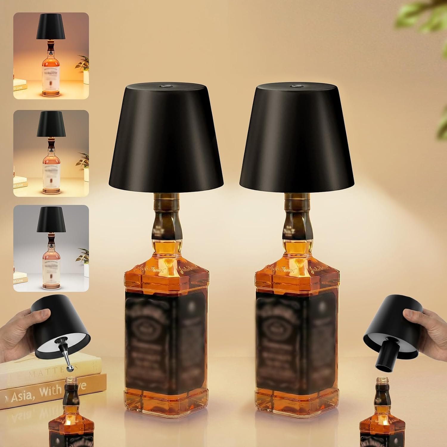 UPXNBOR Rechargeable Bottle Lamp 2 Pack, Wireless Bottle Lights for Indoor Outdoor - 3 Color Stepless Touch Dimmable, IP54 Waterproof, Full Metal Housing, 5300mAh Large Battery Power Table Lamp, Black