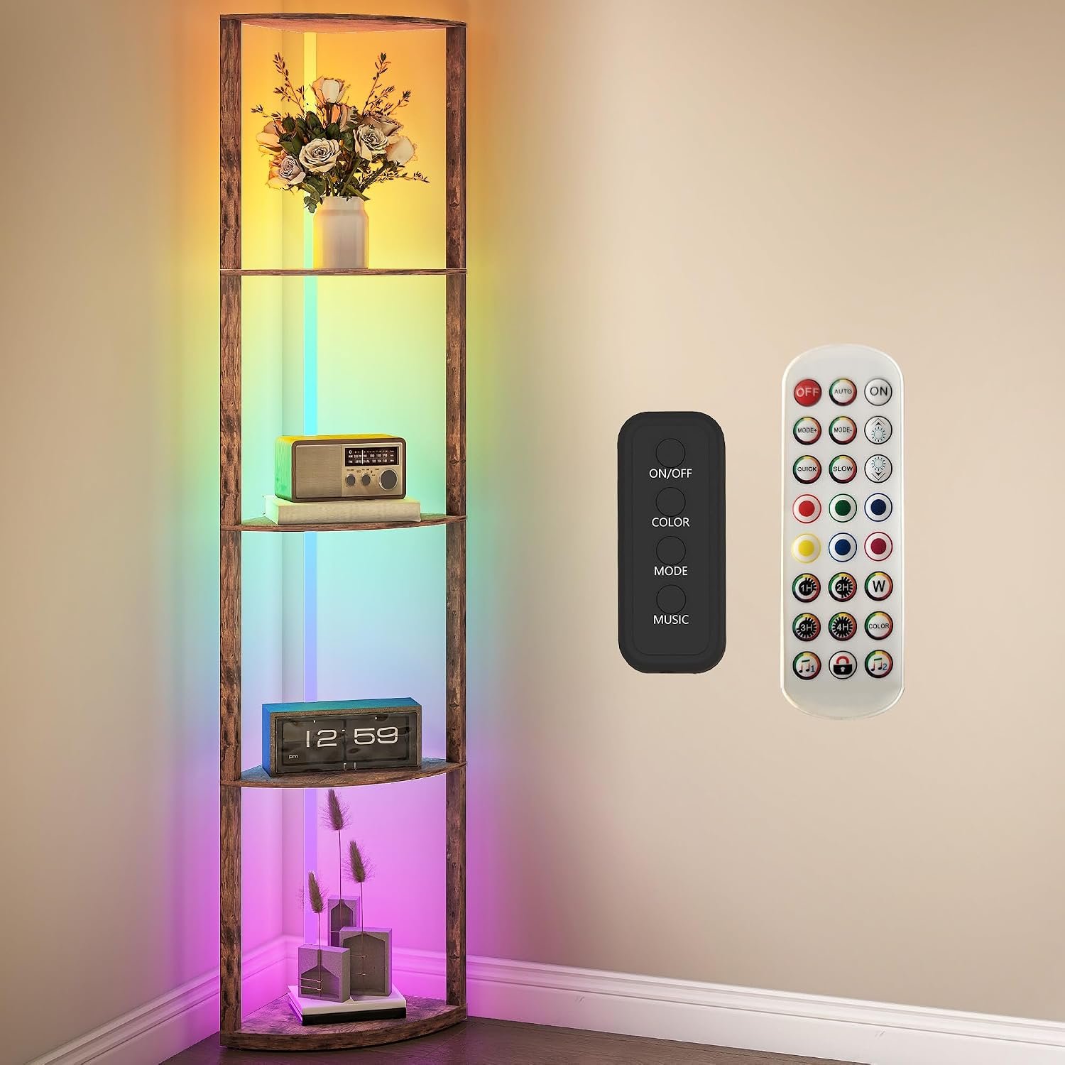 HOMCOM RGB LED Floor Lamp with Shelves, 5-Tier Dimmable Standing Lamp with Adjustable Brightness and Remote Control, Modern Corner Display Shelf Unit for Living Room Bedroom Office, Rustic Brown