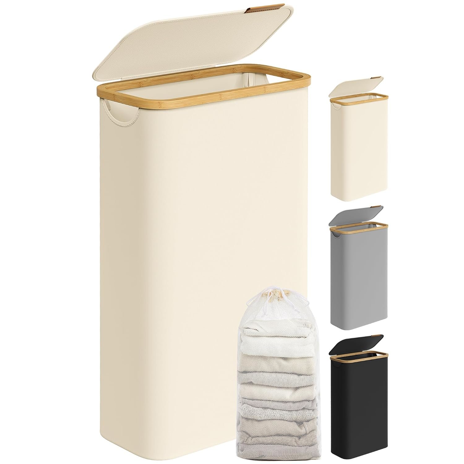 SONGMICS Laundry Basket with Lid, Slim Laundry Hamper, 65L, Space-Saving, Removable Mesh Liner, Oxford Fabric, Bamboo Handles, Collapsible, 42 x 22.5 x 70.5 cm, Cream White LCB506W01