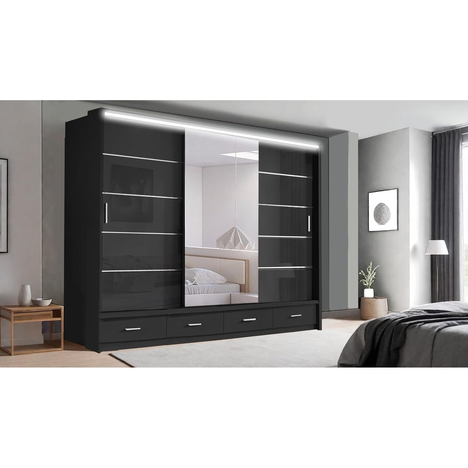 RAC3 Race to Road Modern Bedroom Sliding Wardrobe with LED Light - Ample Storage Space and Sleek Design comes in White/Grey/Black and Width 205cm/256cm. (Black, 256cm)