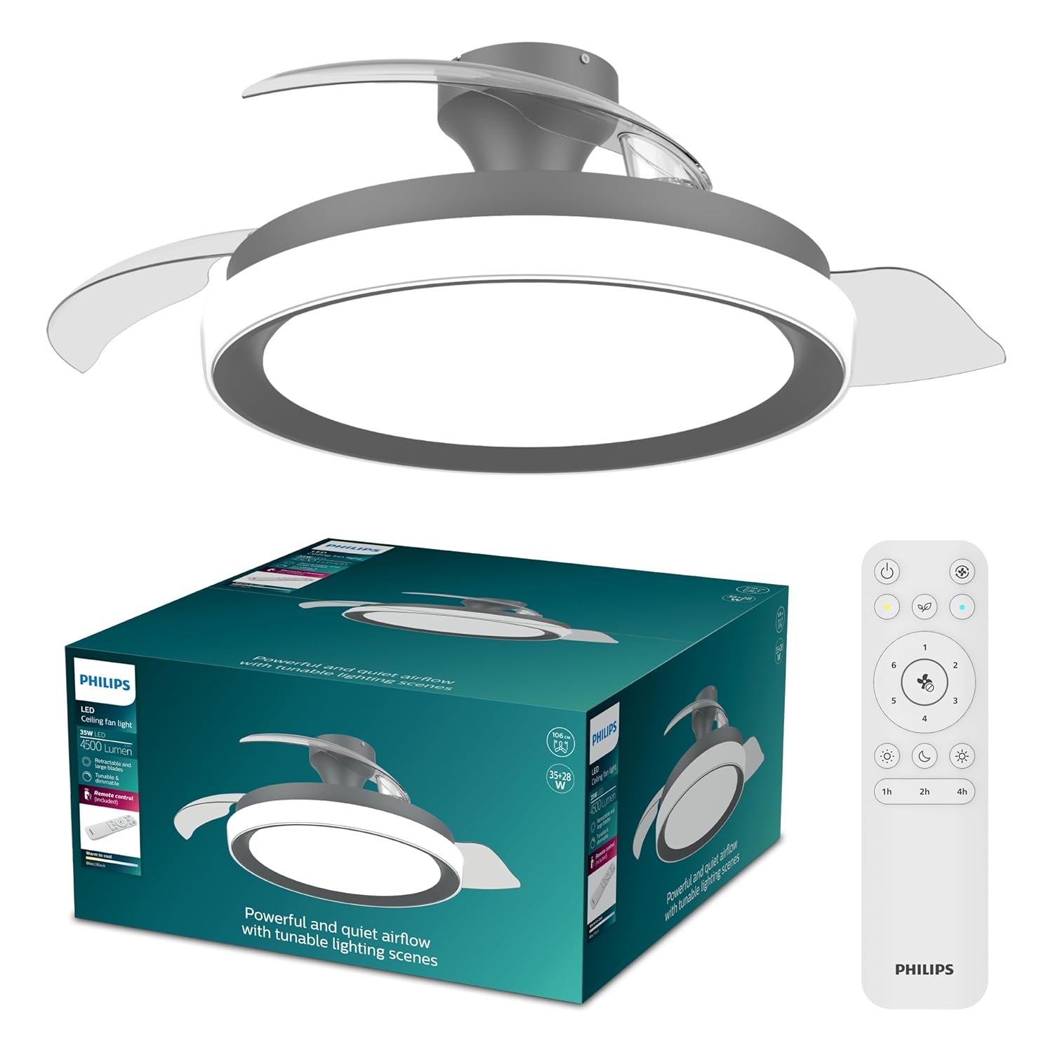 Philips Bliss Retractable-Blade Ceiling Fan with LED Light, 3 Blades, 106 cm Blade Wingspan, 4500 Lumens, Tunable White Light from 3000 K to 6500 K, Dimmable to 5%, Remote Control Included, Black