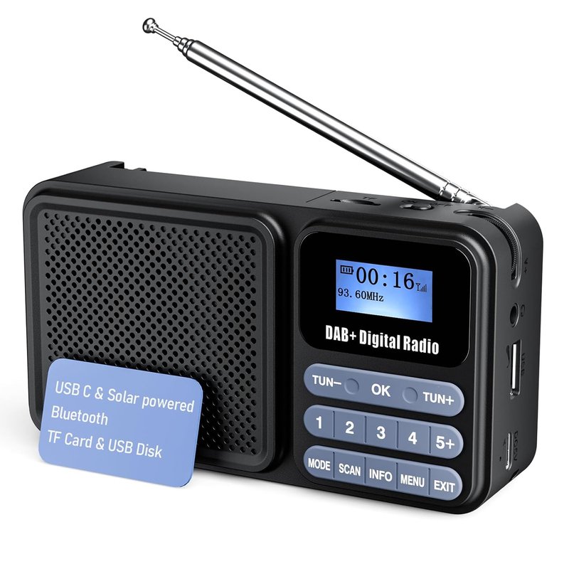 DAB Radio, FM/DAB Plus Digital Portable Radio with Bluetooth Battery Powered USB Rechargeable Small Radio Dual Alarm Clock AUX & Headphone Jack 80 Presets