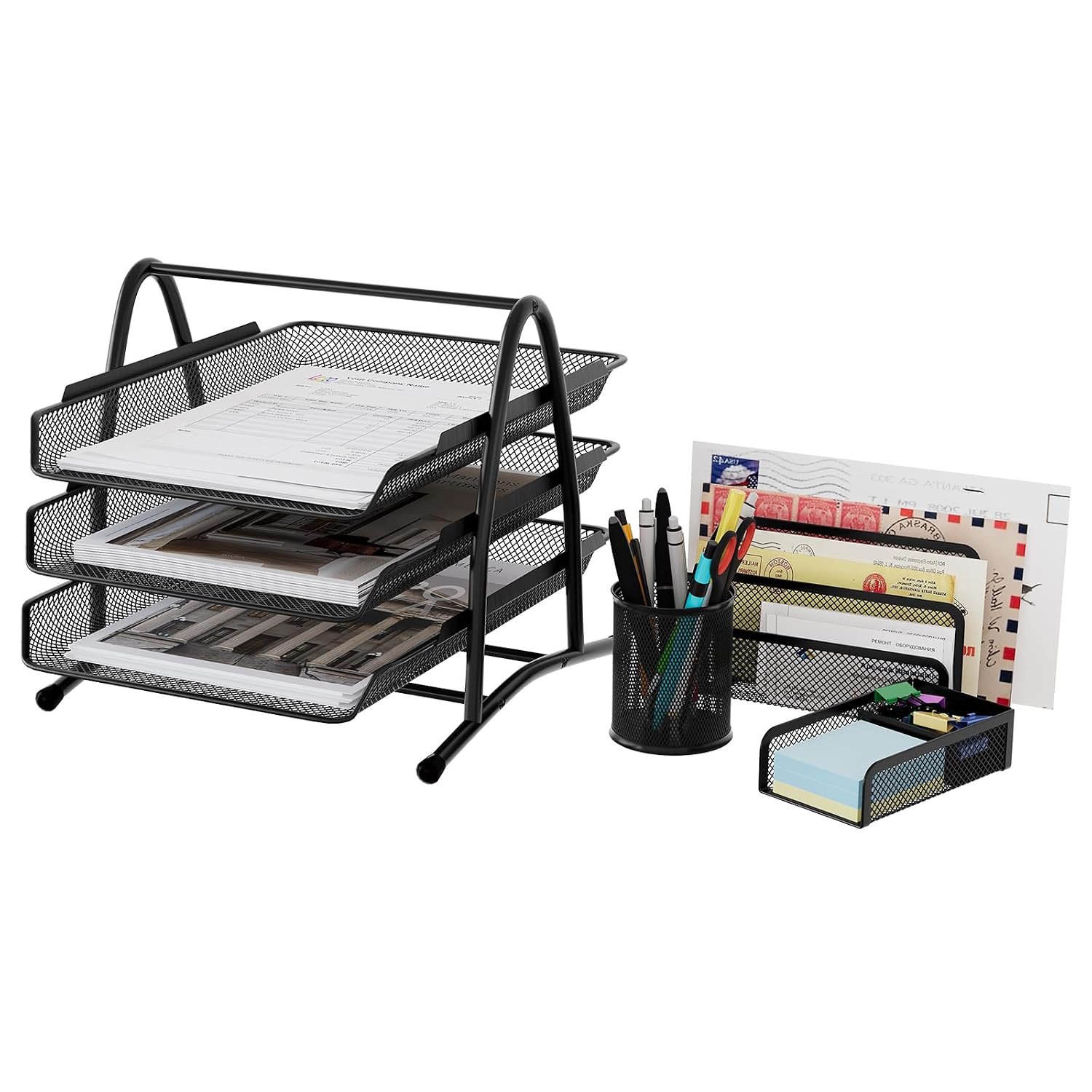 EasyPAG Office Desk Tidy 4 Piece Organiser Set - 3 Tier A4 Filing Tray,Pen Pot,Sticky Note Holder,Letter Sorter Rack,Black