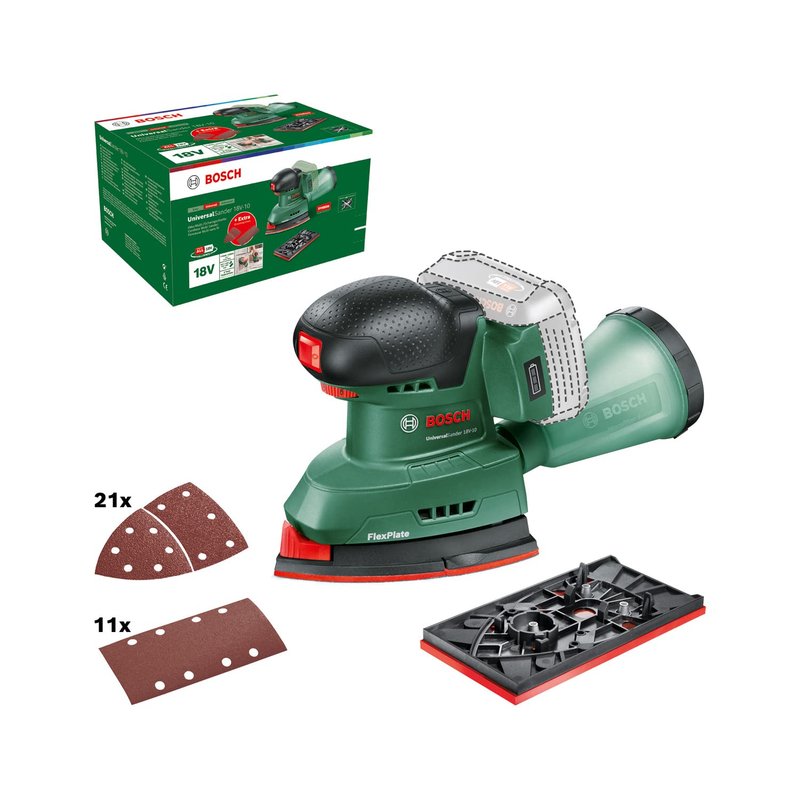 Bosch Cordless Sander UniversalSander 18V-10 (Without Battery; 18 Volt System; for DIY Woodworking; 32x Sanding Papers; in Carton Packaging) – Amazon Edition