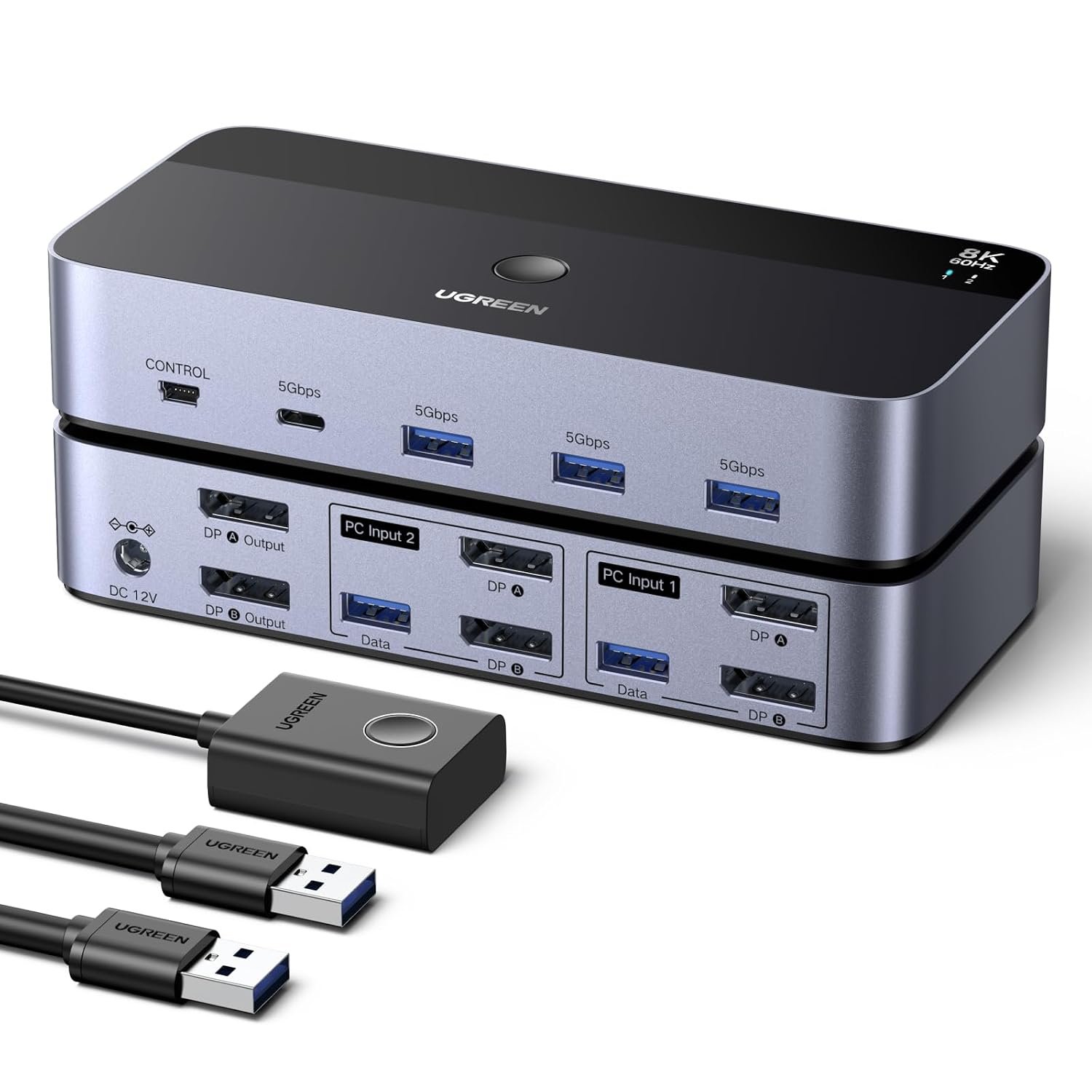 UGREEN 8K@60Hz Displayport KVM Switch 2 Monitors 2 Computers Support 4K@240Hz, 4 Port USB KVM Switcher DP 1.4 KVM Switches for 2 Computers Share Keyboard, Mouse, Hard Drive and 2 Monitors