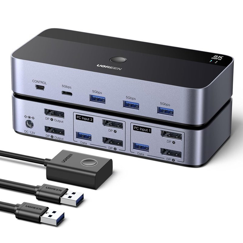 UGREEN 8K@60Hz Displayport KVM Switch 2 Monitors 2 Computers Support 4K@240Hz, 4 Port USB KVM Switcher DP 1.4 KVM Switches for 2 Computers Share Keyboard, Mouse, Hard Drive and 2 Monitors